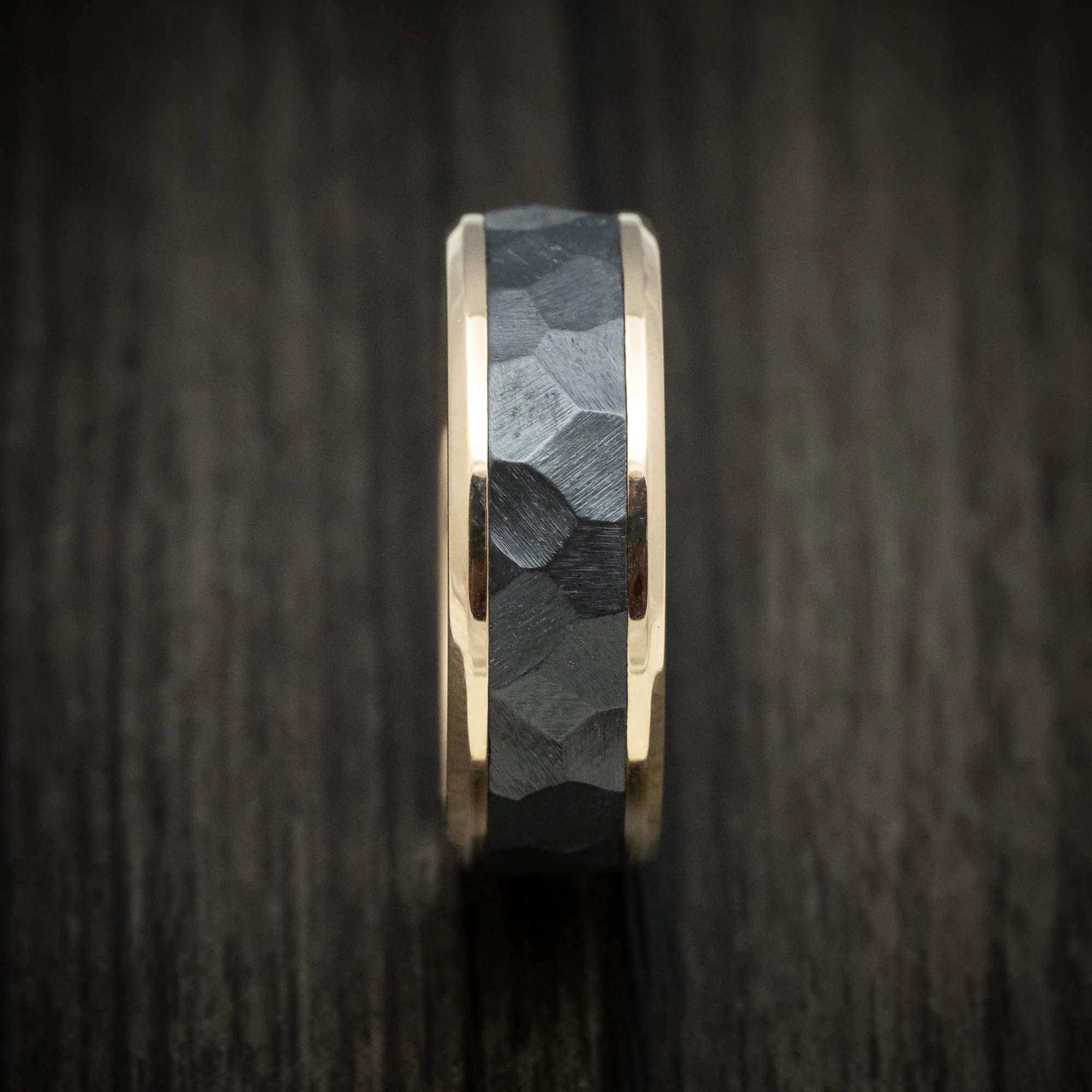 Gold Men's Ring with Black Titanium Rock Finish Inlay Custom Made - Image 3