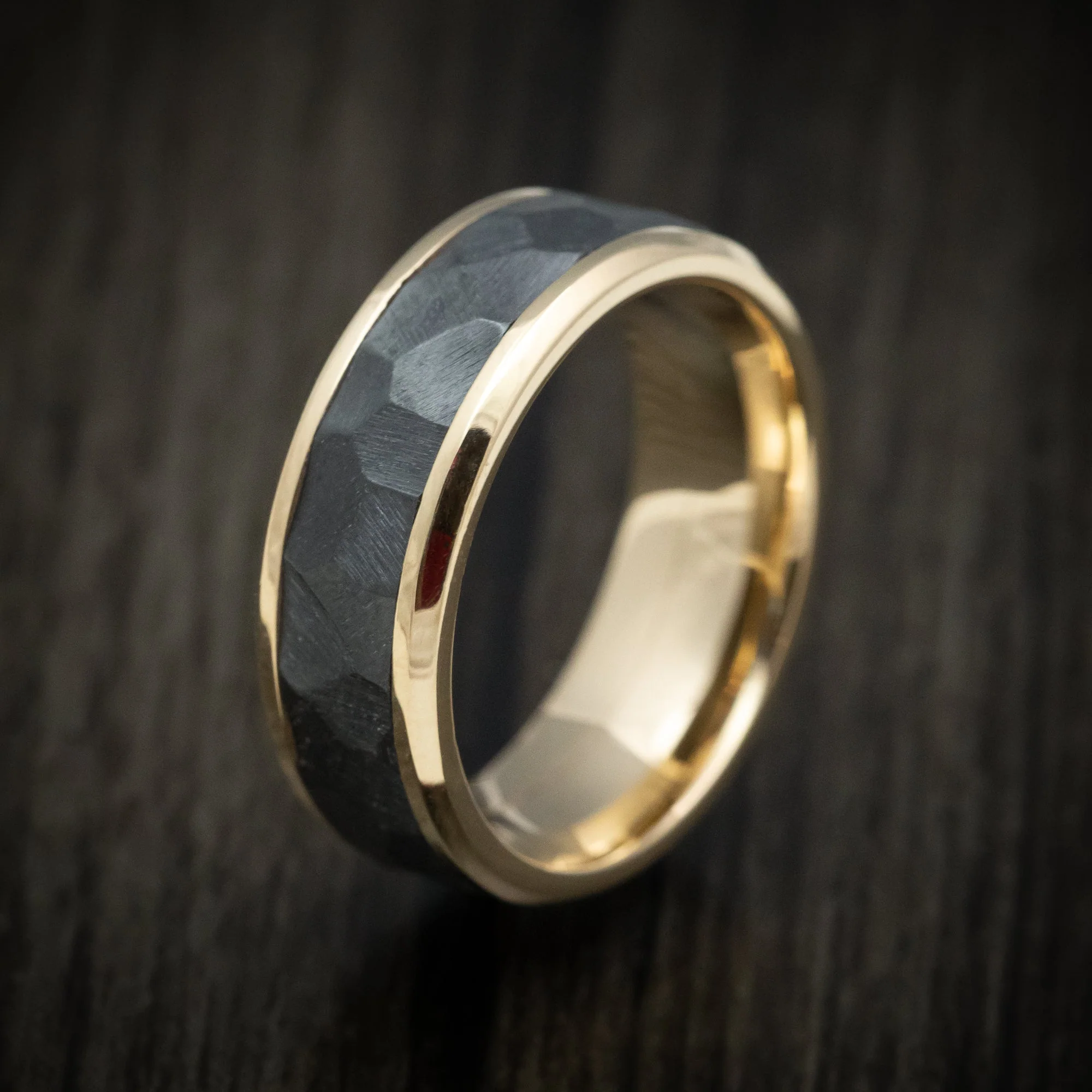 Gold Men's Ring with Black Titanium Rock Finish Inlay Custom Made - Image 4