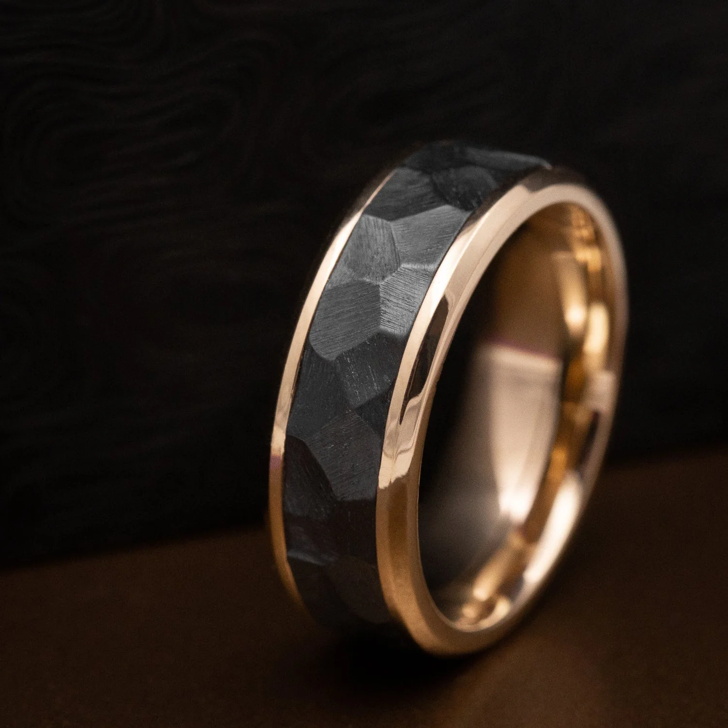 Gold Men's Ring with Black Titanium Rock Finish Inlay Custom Made - Image 5