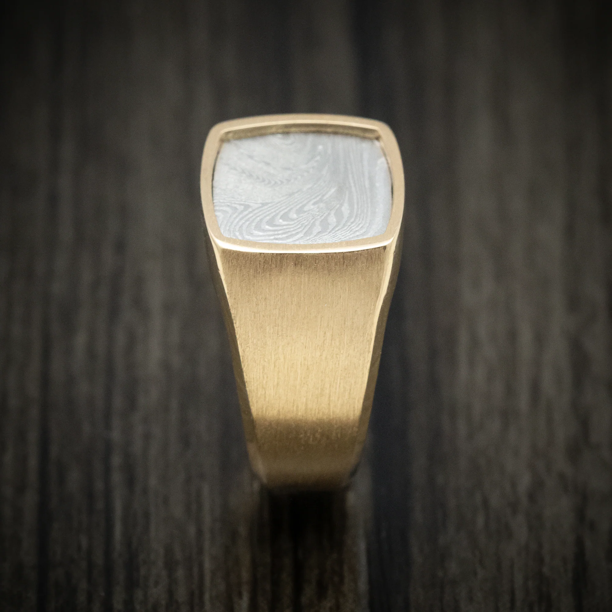 14K Gold and Tightweave Kuro Damascus Steel Signet Men's Ring Custom Made Band - Image 3