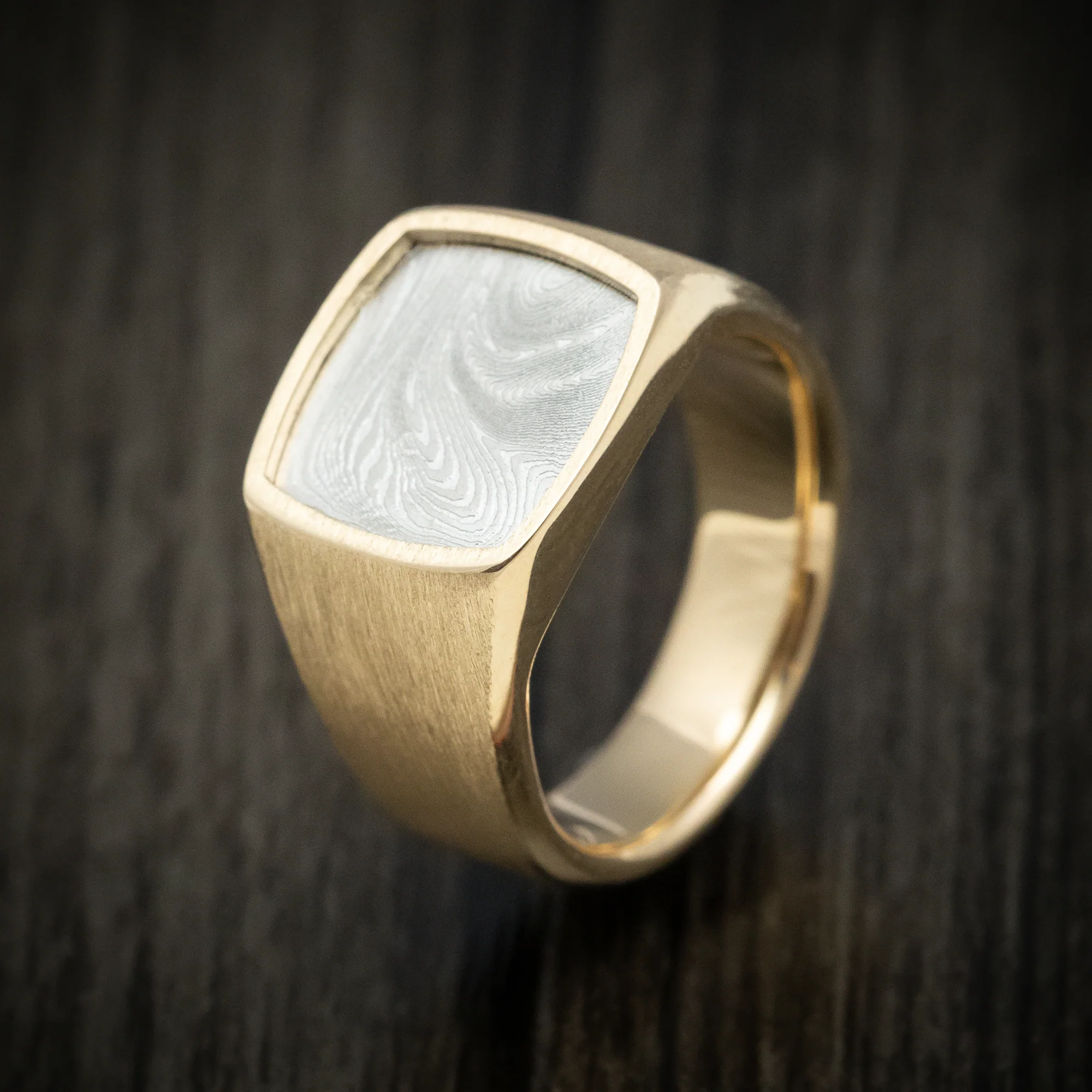 14K Gold and Tightweave Kuro Damascus Steel Signet Men's Ring Custom Made Band - Image 4