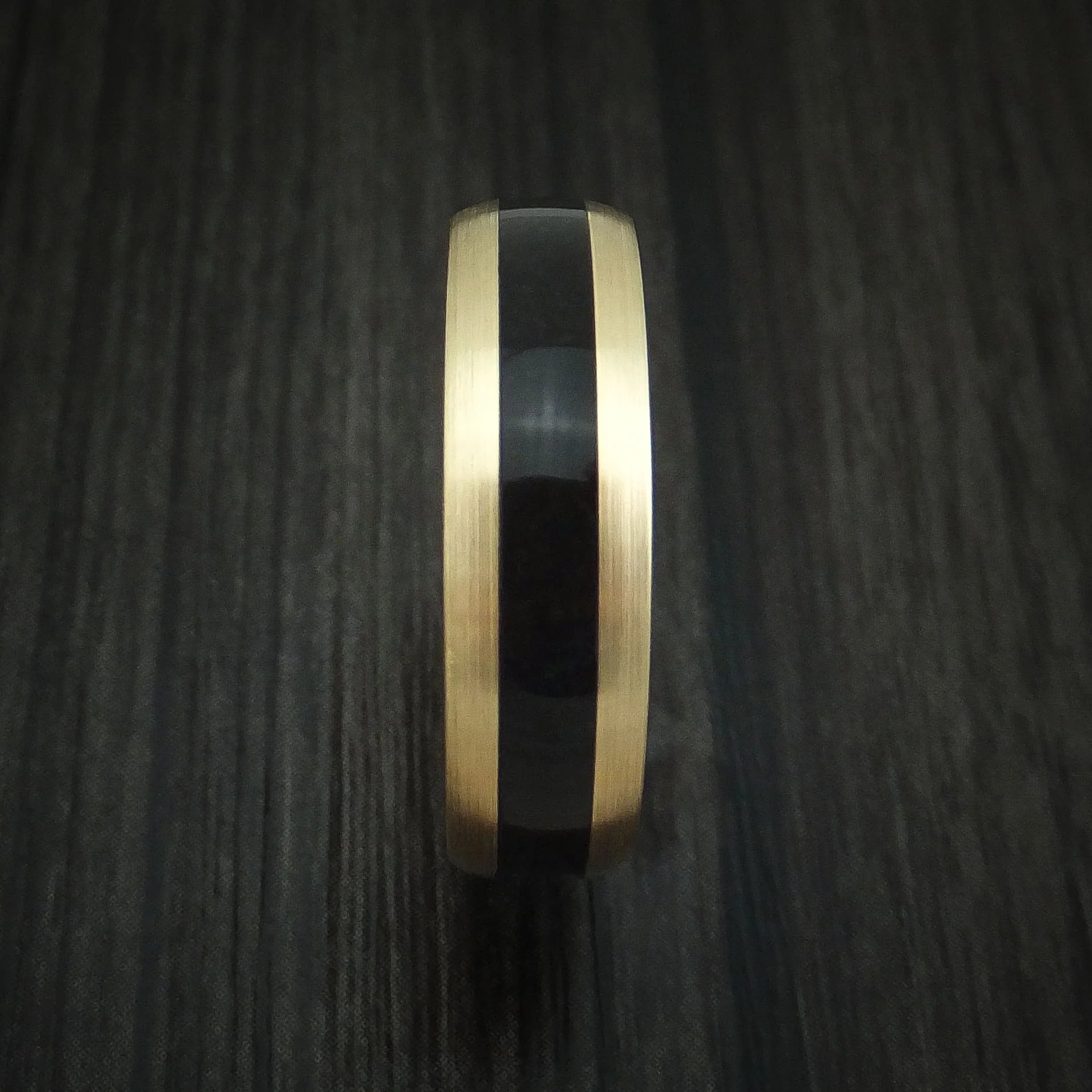 Yellow Gold and Black Dinosaur Bone Men's Ring Custom Made Fossil Band - Image 3