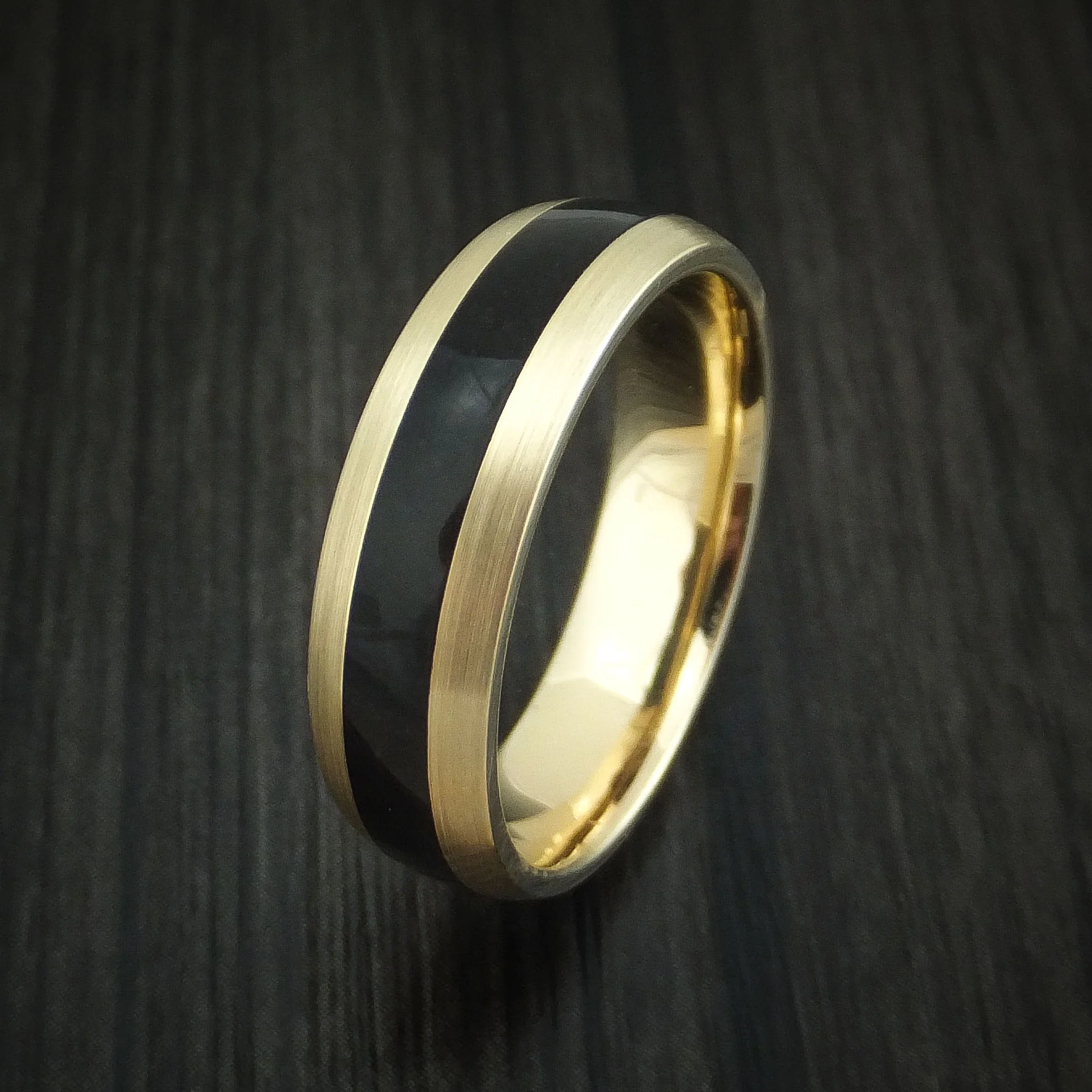 Yellow Gold and Black Dinosaur Bone Men's Ring Custom Made Fossil Band - Image 4