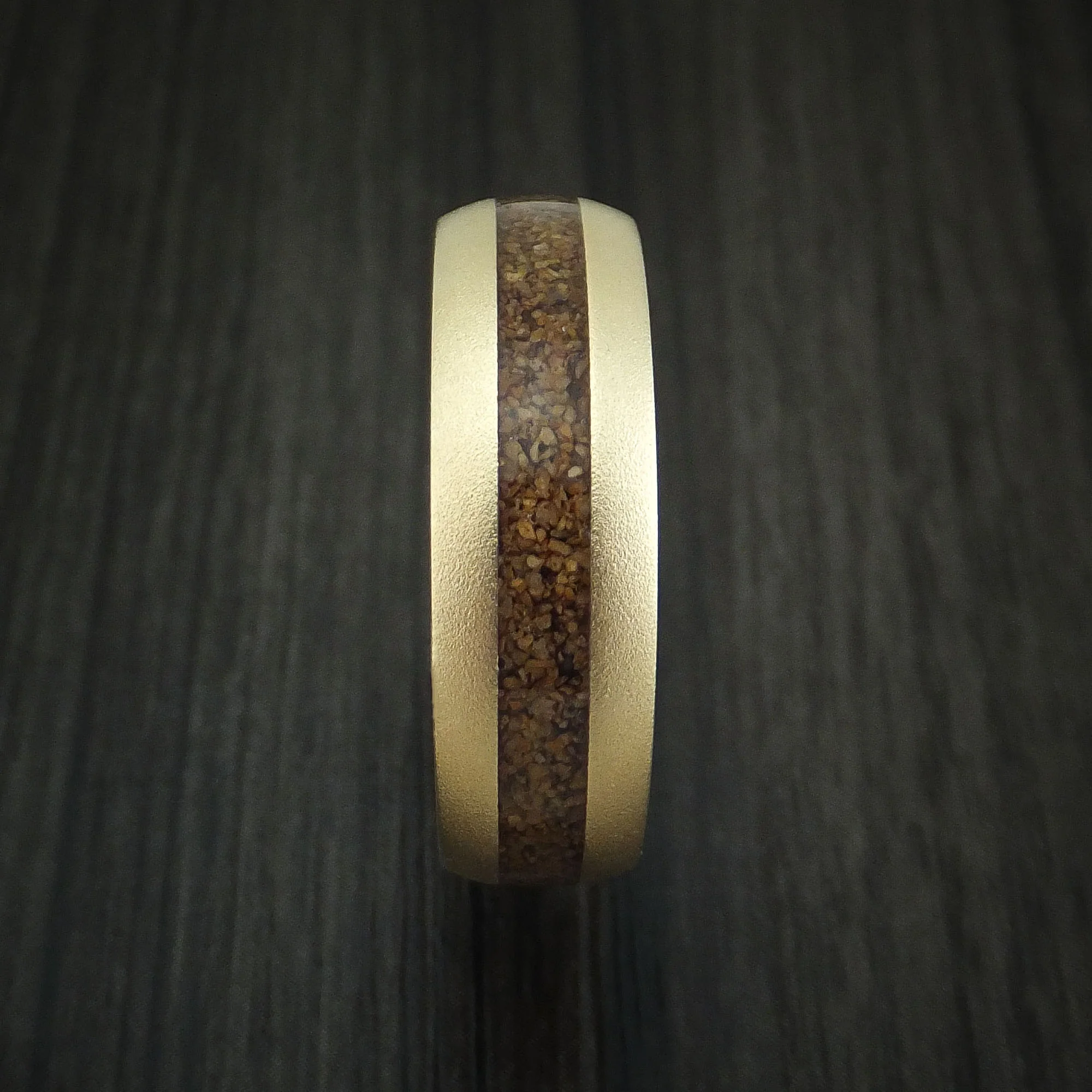 14K Yellow Gold and Tan Dinosaur Bone Men's Ring with Desert Ironwood Burl Wood Sleeve Custom Made Fossil Band - Image 3