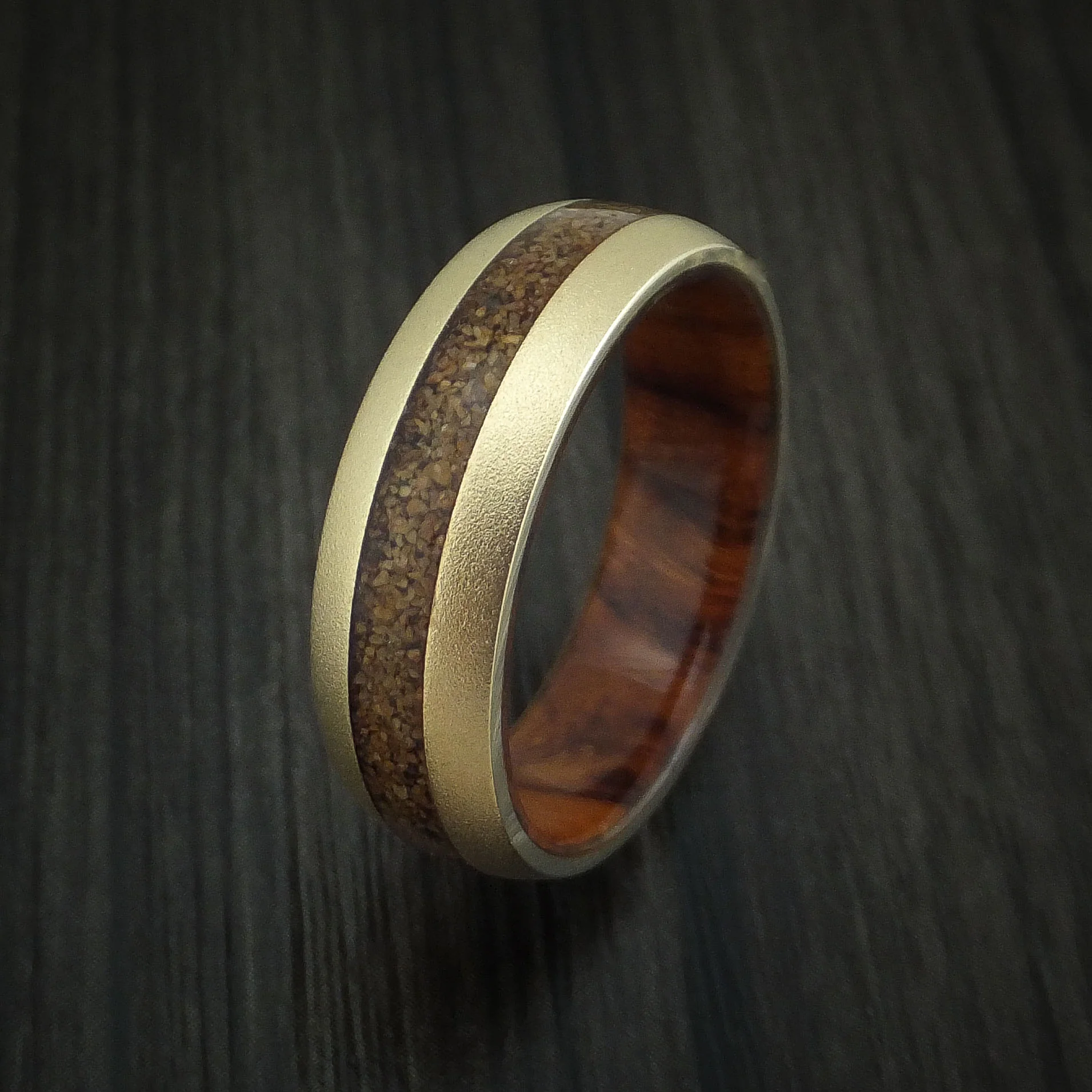 14K Yellow Gold and Tan Dinosaur Bone Men's Ring with Desert Ironwood Burl Wood Sleeve Custom Made Fossil Band - Image 4