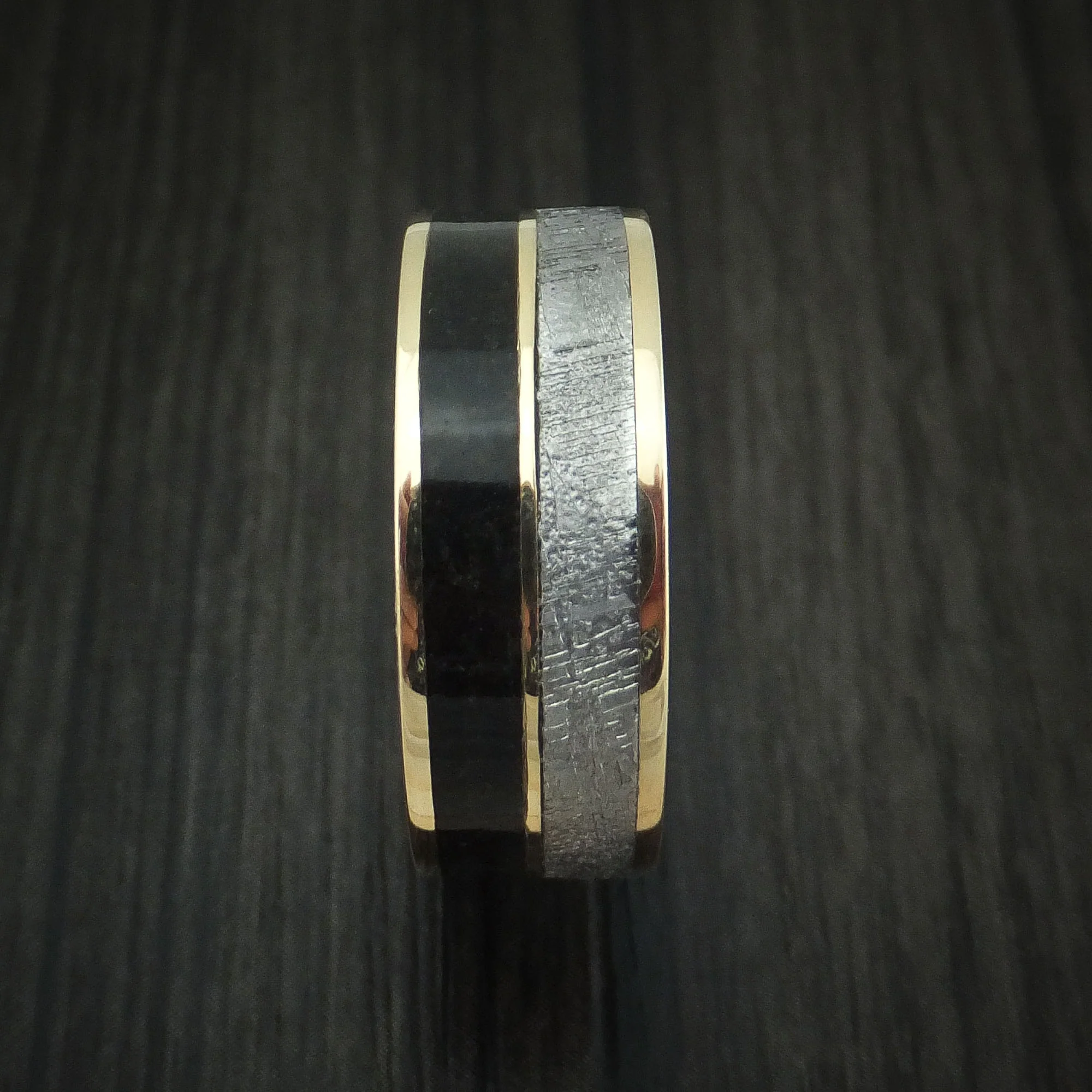 14K Yellow Gold Black Dinosaur Bone and Gibeon Meteorite Men's Ring Custom Made Fossil Band - Image 3