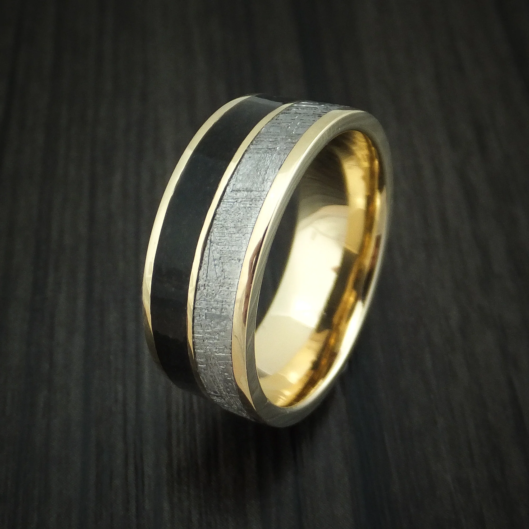 14K Yellow Gold Black Dinosaur Bone and Gibeon Meteorite Men's Ring Custom Made Fossil Band - Image 4