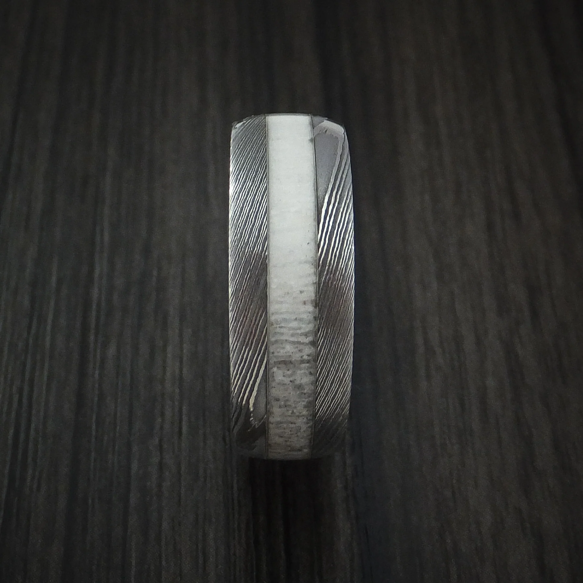 Antler Men's Ring inlaid in Solid Damascus Steel Hunters Wedding Band Custom Made - Image 3