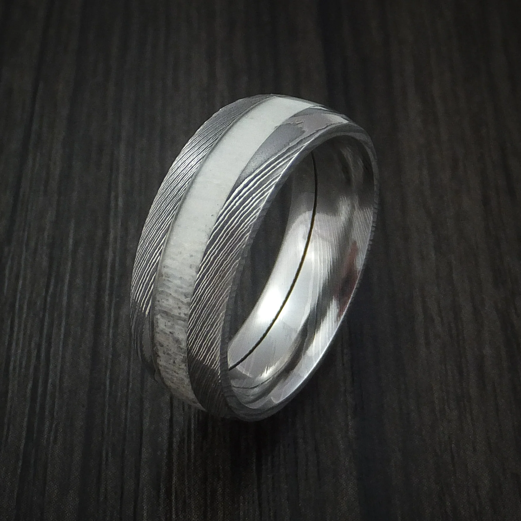 Antler Men's Ring inlaid in Solid Damascus Steel Hunters Wedding Band Custom Made - Image 4