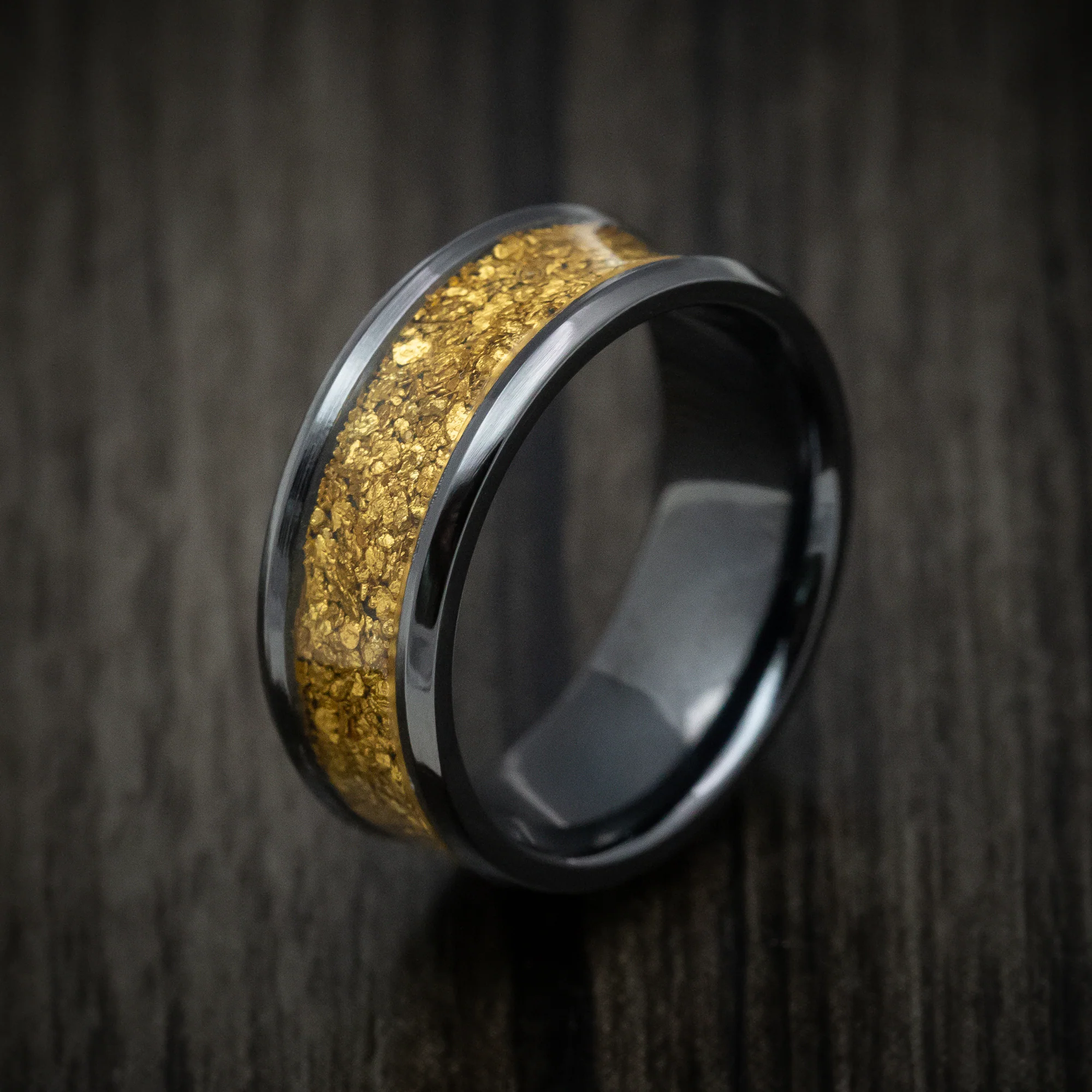 Black Titanium or Black Zirconium Custom Men's Ring with 24K Raw Gold Nugget - Image 4