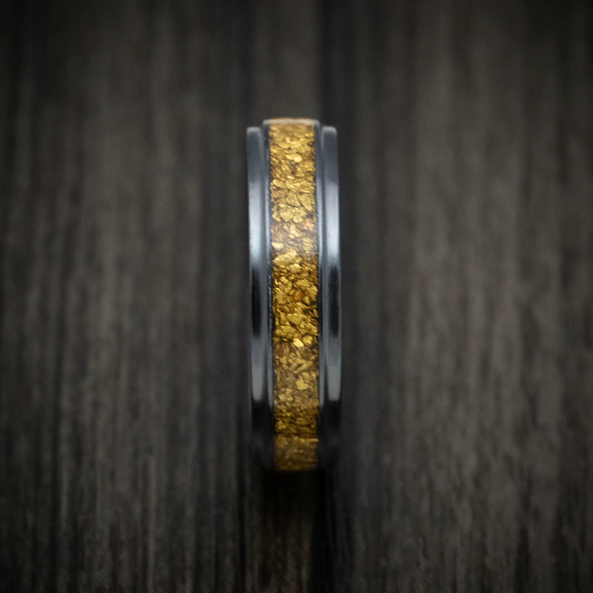 Black Titanium or Black Zirconium Custom Men's Ring with 24K Raw Gold Nugget Inlay and a Camo Sleeve - Image 3