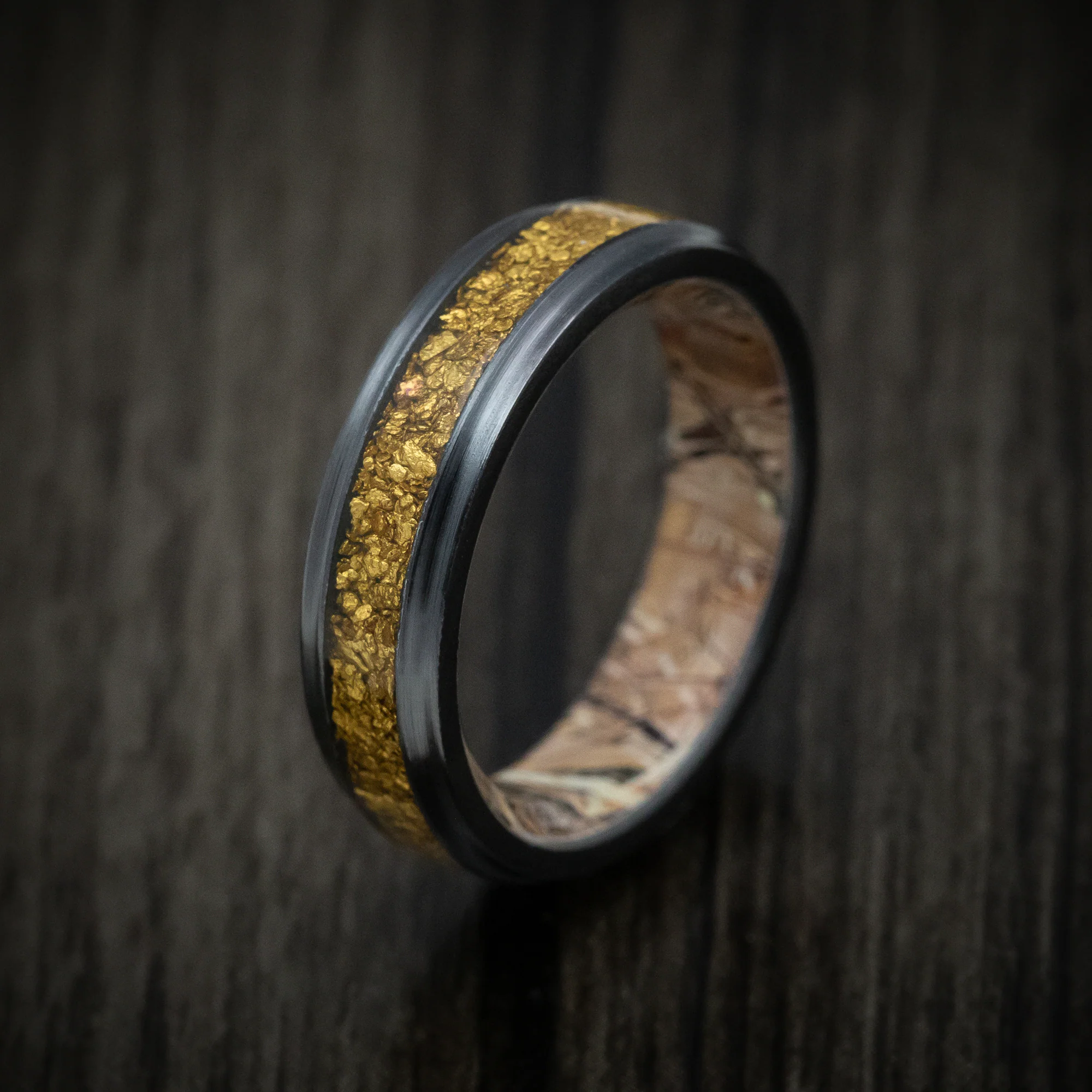 Black Titanium or Black Zirconium Custom Men's Ring with 24K Raw Gold Nugget Inlay and a Camo Sleeve - Image 4