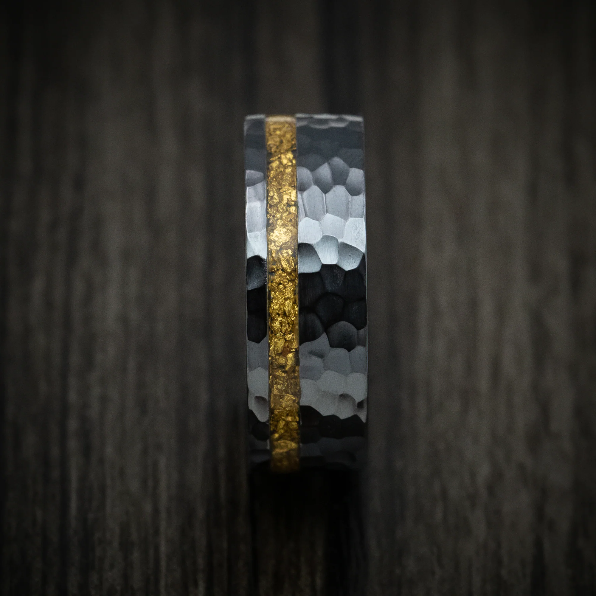 Black Titanium and 24K Raw Gold Nugget Men's Ring with Wood Sleeve Custom Made Band - Image 3