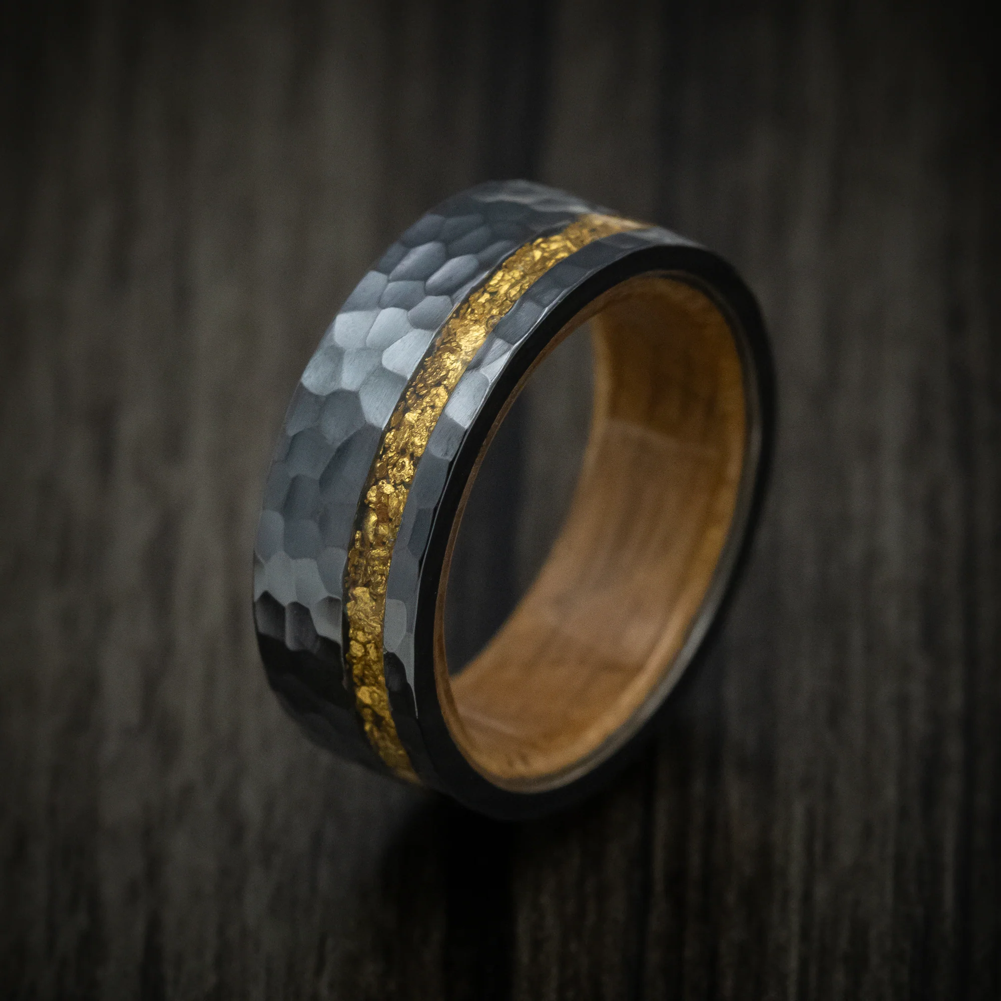Black Titanium and 24K Raw Gold Nugget Men's Ring with Wood Sleeve Custom Made Band - Image 4