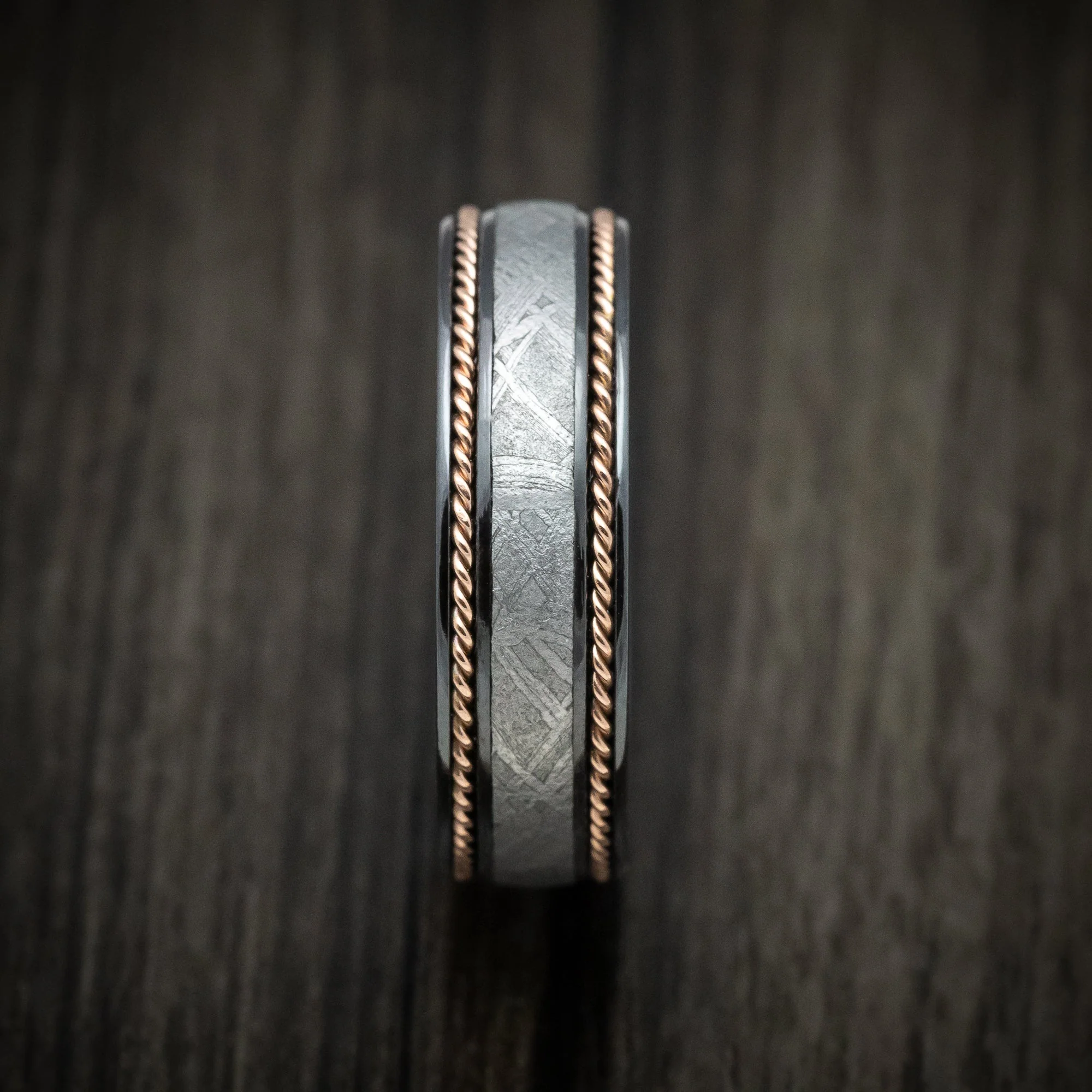 Black Titanium or Black Zirconium Custom Men's Ring with Gibeon Meteorite and 14K Gold Braid Inlays - Image 3
