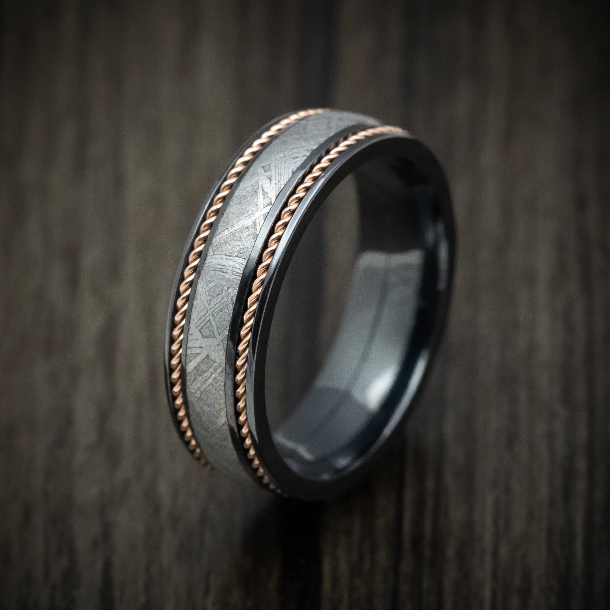 Black Titanium or Black Zirconium Custom Men's Ring with Gibeon Meteorite and 14K Gold Braid Inlays - Image 4