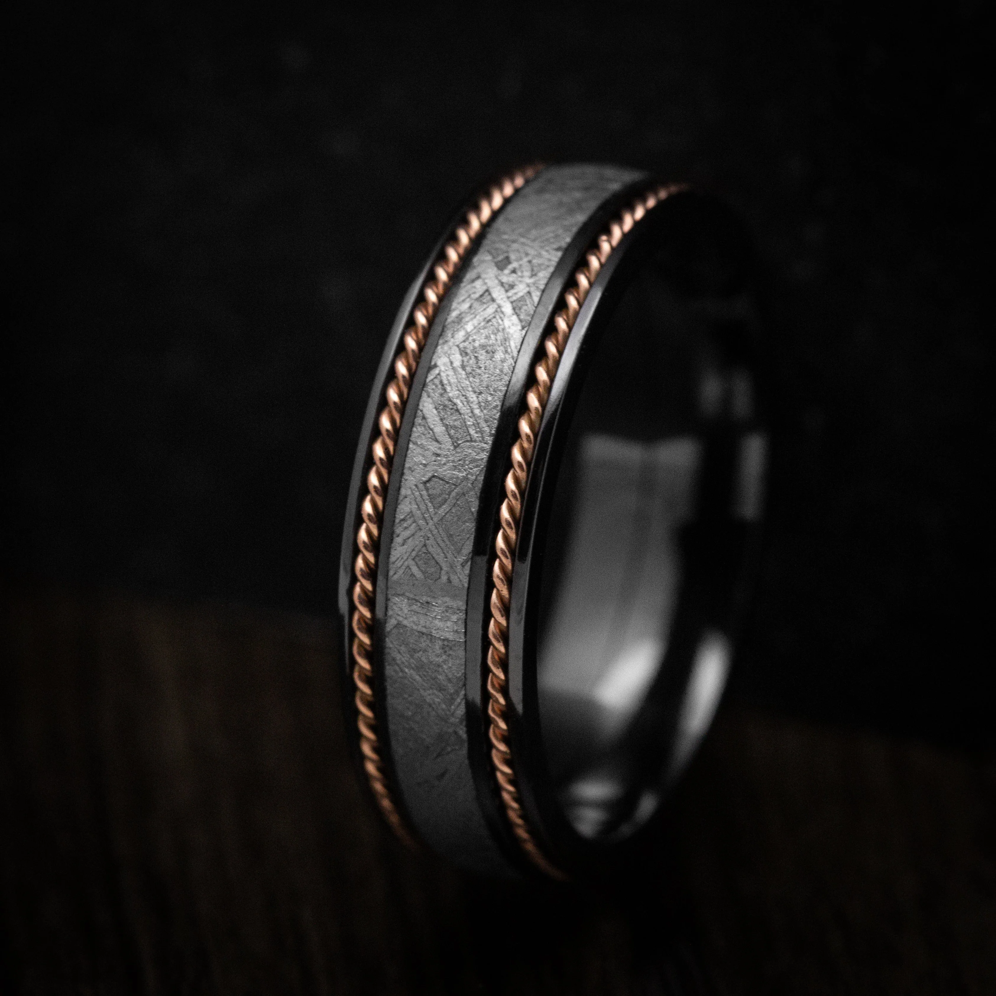 Black Titanium or Black Zirconium Custom Men's Ring with Gibeon Meteorite and 14K Gold Braid Inlays - Image 5