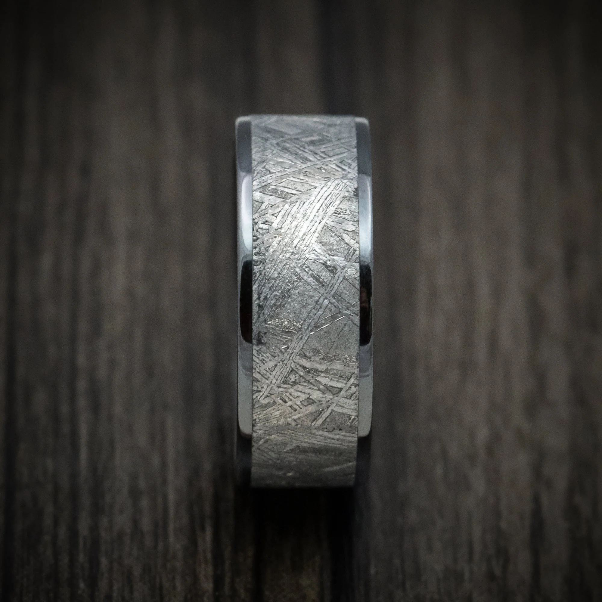 Black Titanium or Black Zirconium Custom Men's Ring with a Gibeon Meteorite Inlay and Forged Carbon Fiber Sleeve - Image 3