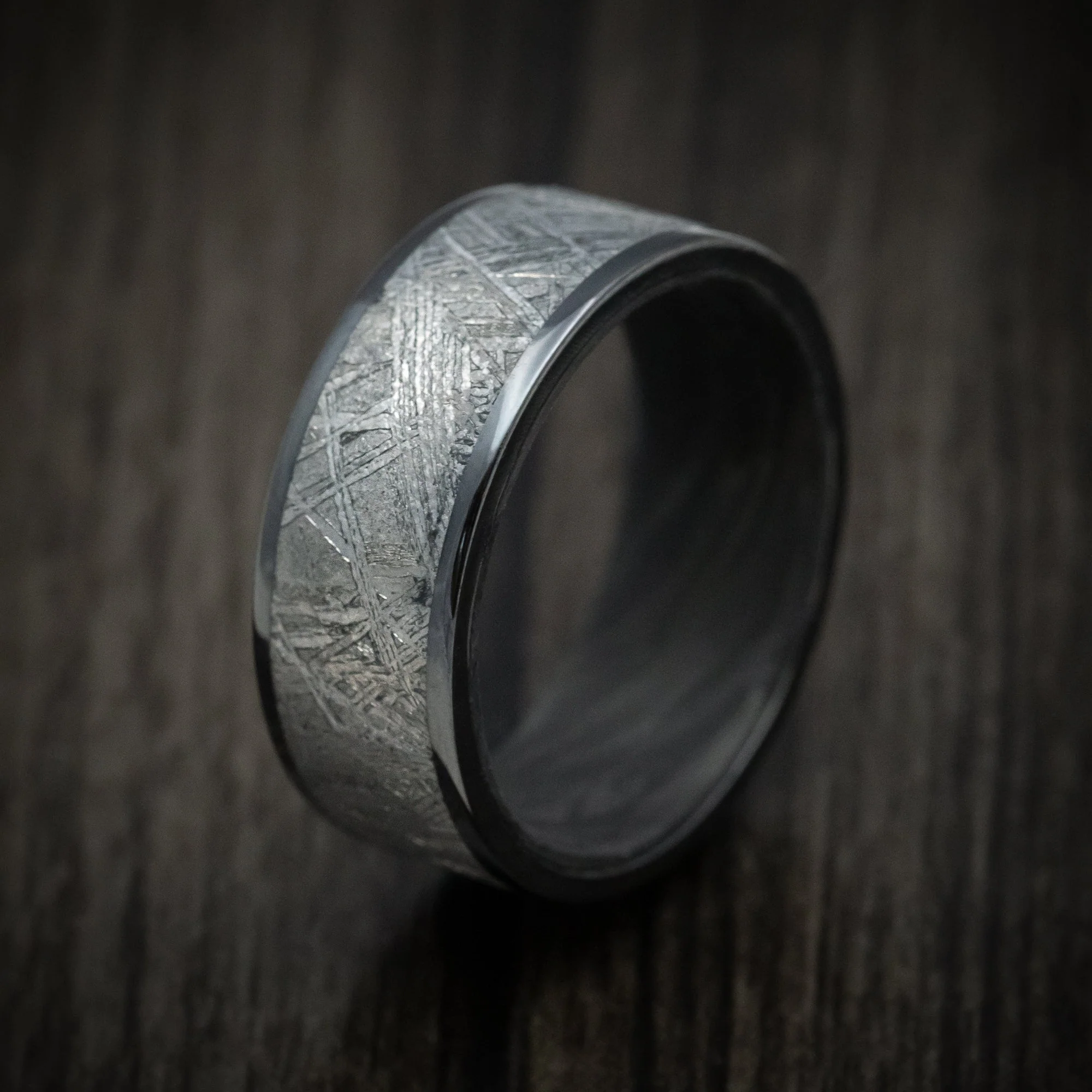 Black Titanium or Black Zirconium Custom Men's Ring with a Gibeon Meteorite Inlay and Forged Carbon Fiber Sleeve - Image 4