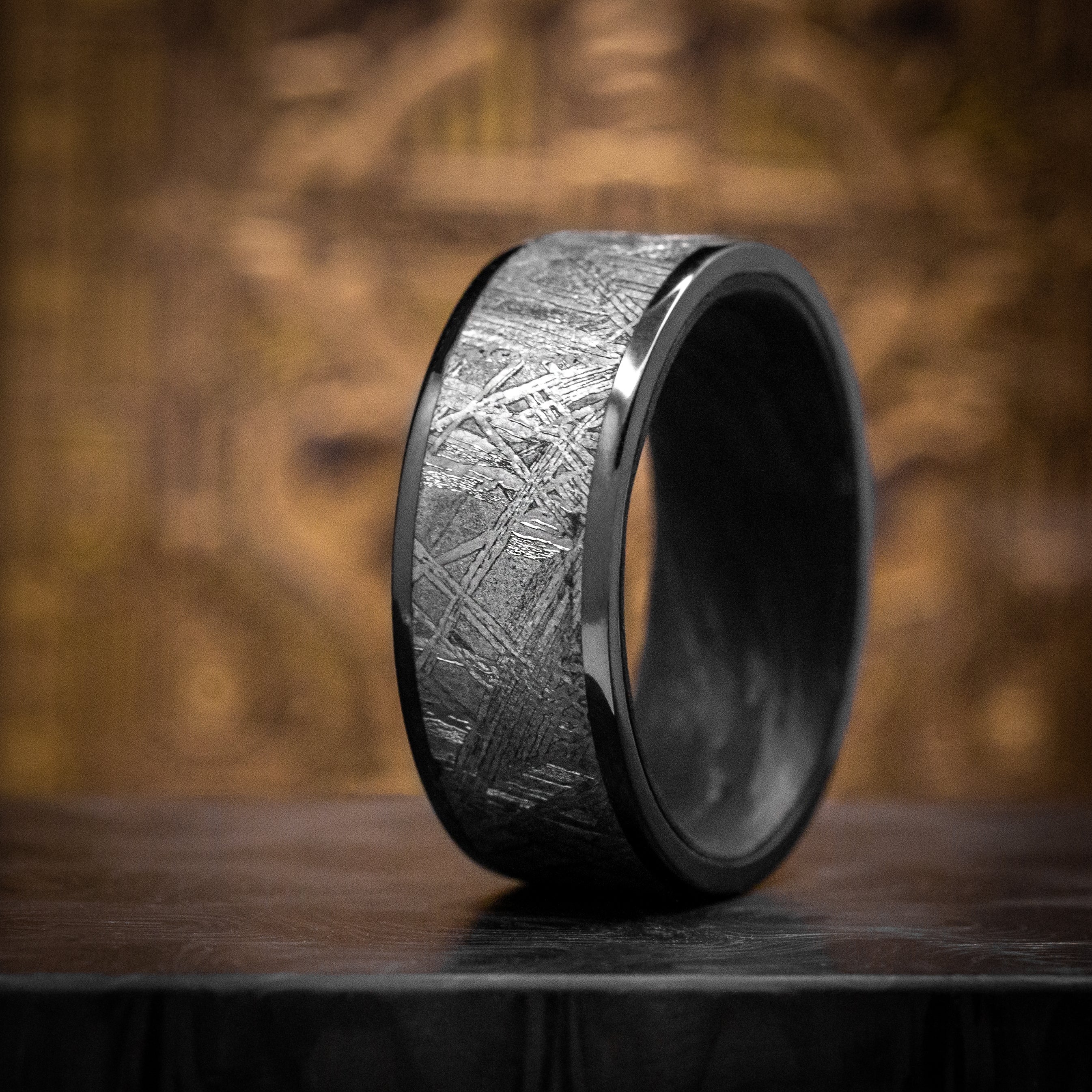 Black Titanium or Black Zirconium Custom Men's Ring with a Gibeon Meteorite Inlay and Forged Carbon Fiber Sleeve - Image 5