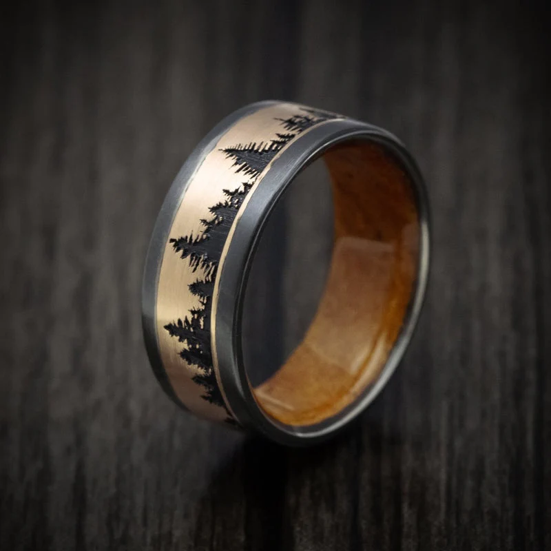 Black Titanium and Gold Spruce Pine Tree Design Men's Ring with Wood Sleeve - Image 3