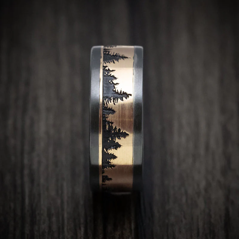 Black Titanium and Gold Spruce Pine Tree Design Men's Ring with Wood Sleeve - Image 4
