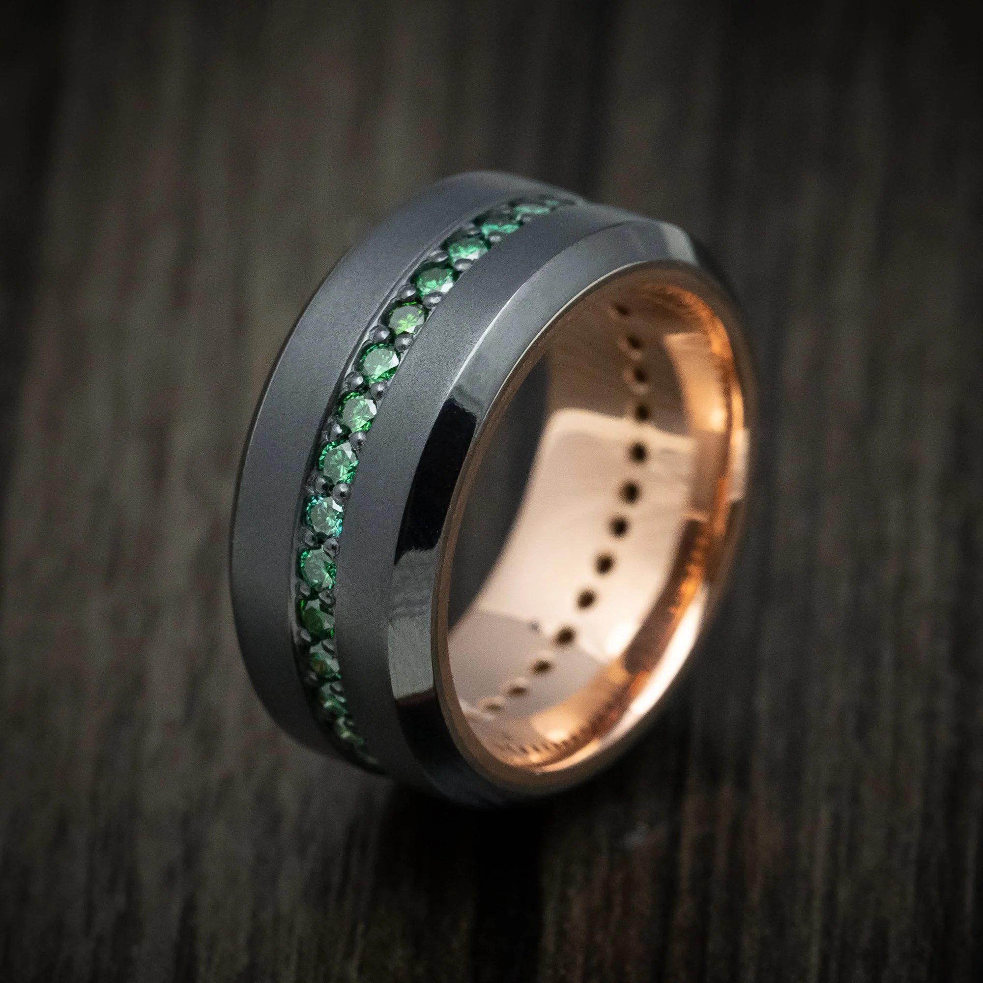 Black Titanium and Green Diamond Men's Ring with 14K Gold Sleeve Custom Made Band - Image 4