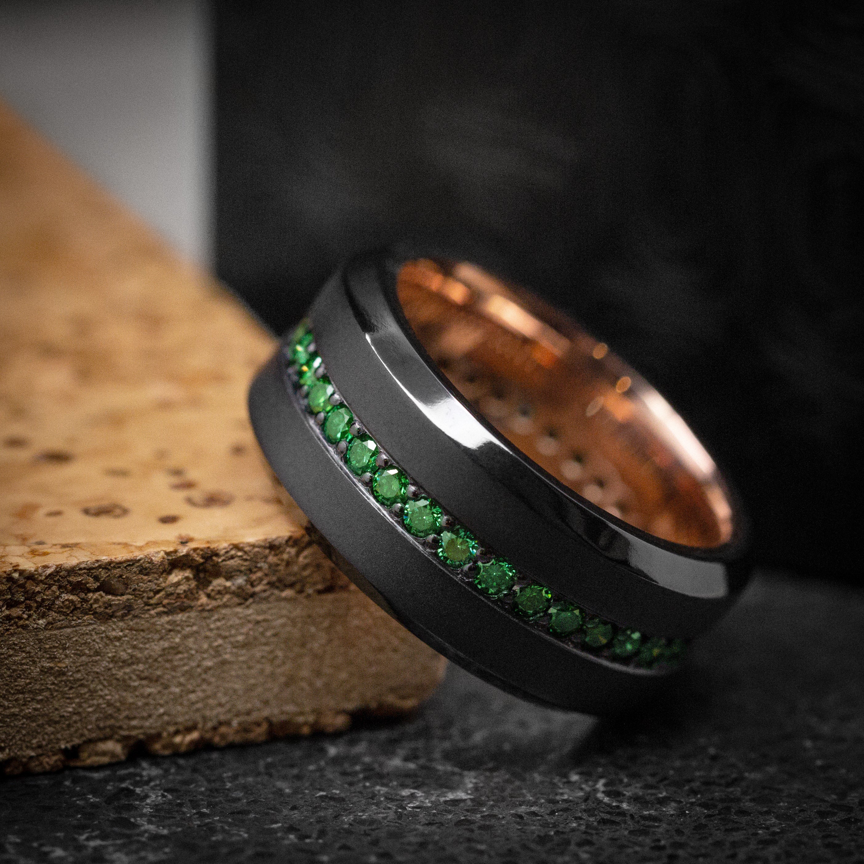 Black Titanium and Green Diamond Men's Ring with 14K Gold Sleeve Custom Made Band - Image 5