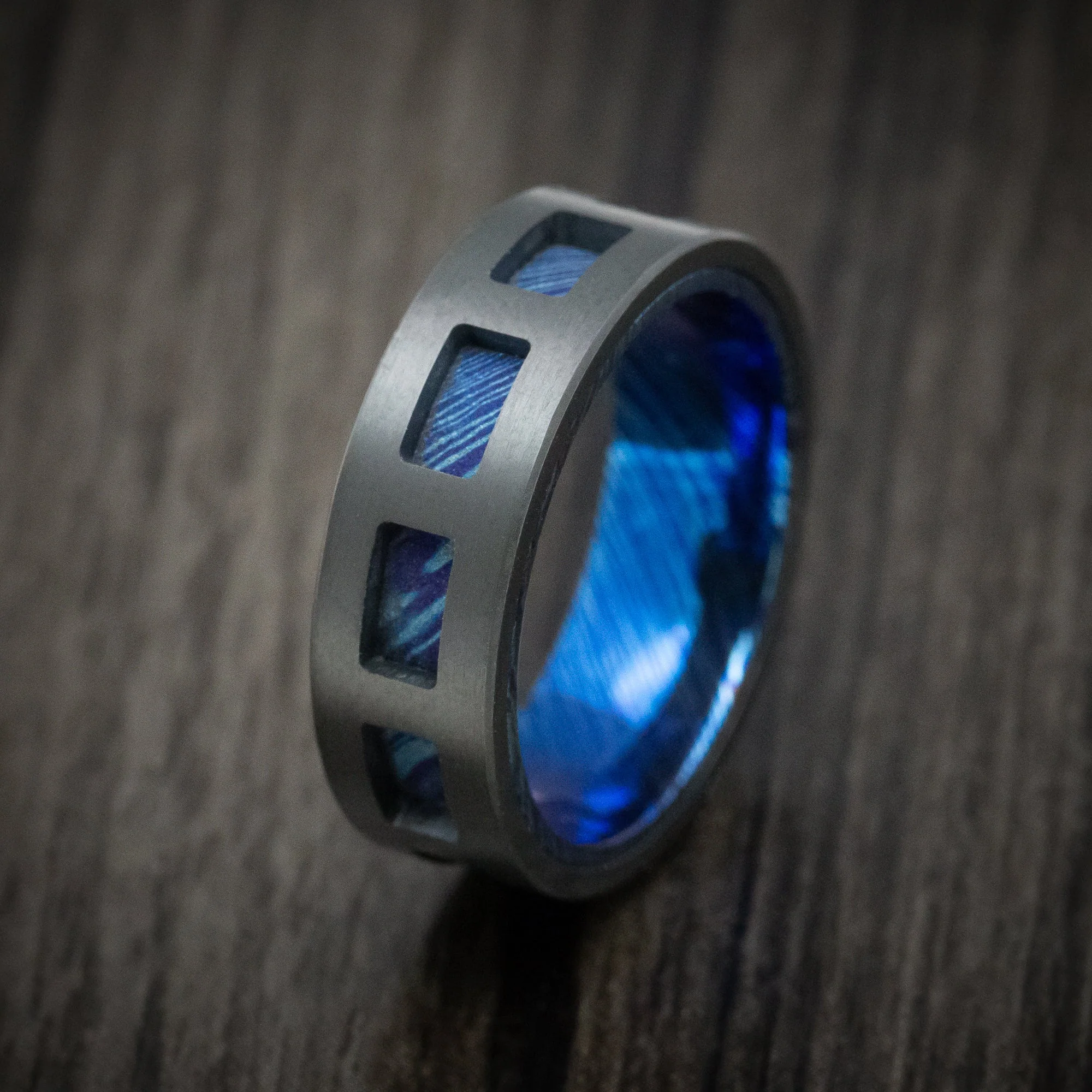 Black Titanium and Kuro-Ti Heat-Treated Titanium Damascus Cut-Through Window Men's Ring Custom Made - Image 4