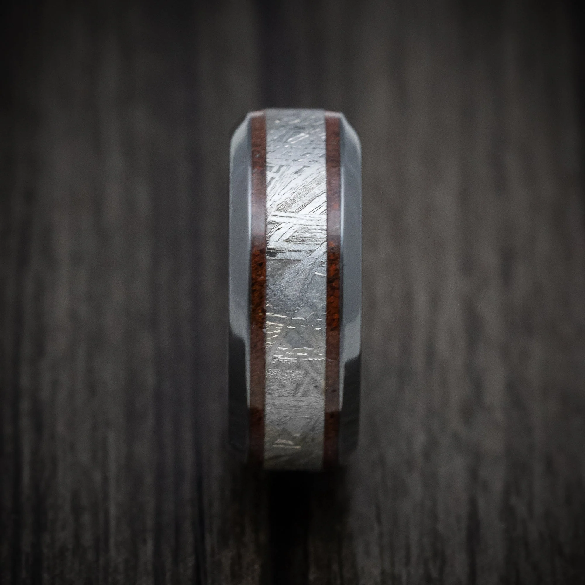 Black Titanium or Black Zirconium Custom Men's Ring with Dinosaur Bone and Meteorite Inlays Custom Made Band - Image 3