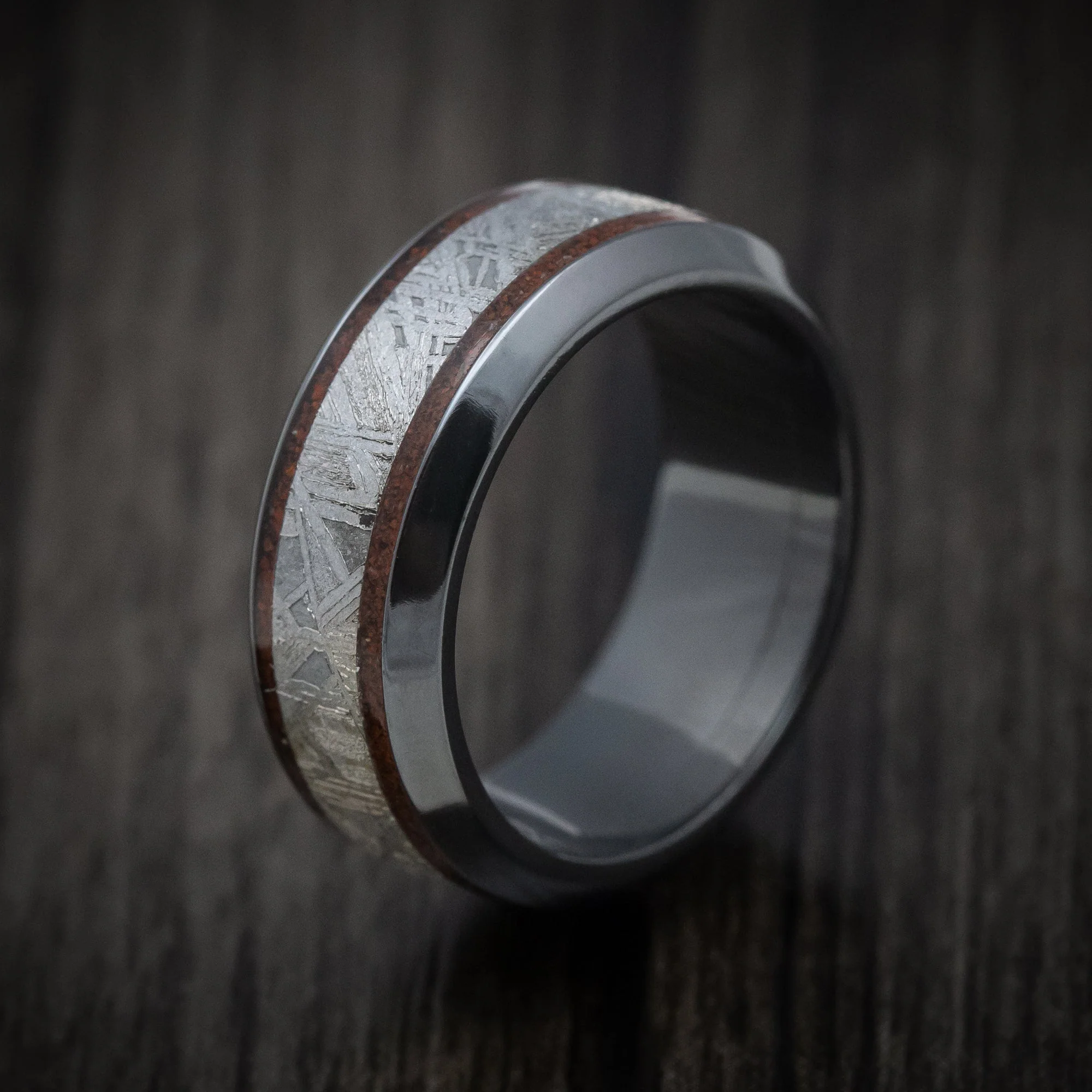 Black Titanium or Black Zirconium Custom Men's Ring with Dinosaur Bone and Meteorite Inlays Custom Made Band - Image 4