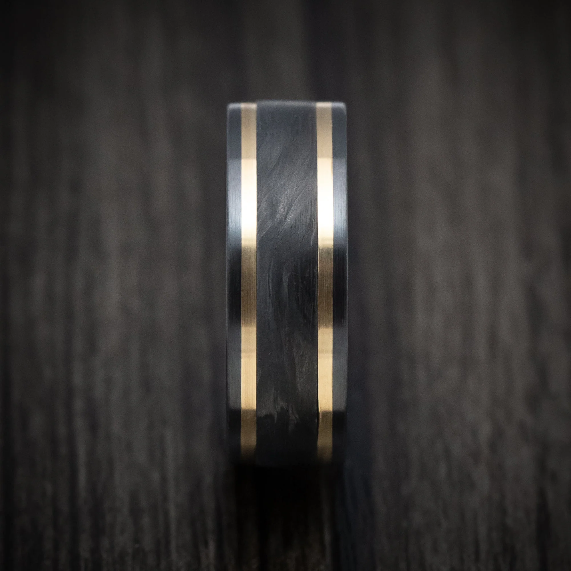 Black Titanium or Black Zirconium Custom Men's Ring with Forged Carbon Fiber and 14K Gold Inlays - Image 3