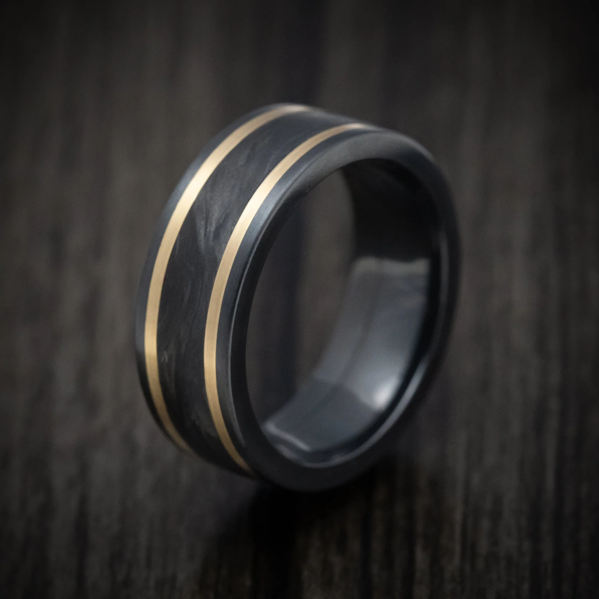 Black Titanium or Black Zirconium Custom Men's Ring with Forged Carbon Fiber and 14K Gold Inlays - Image 4