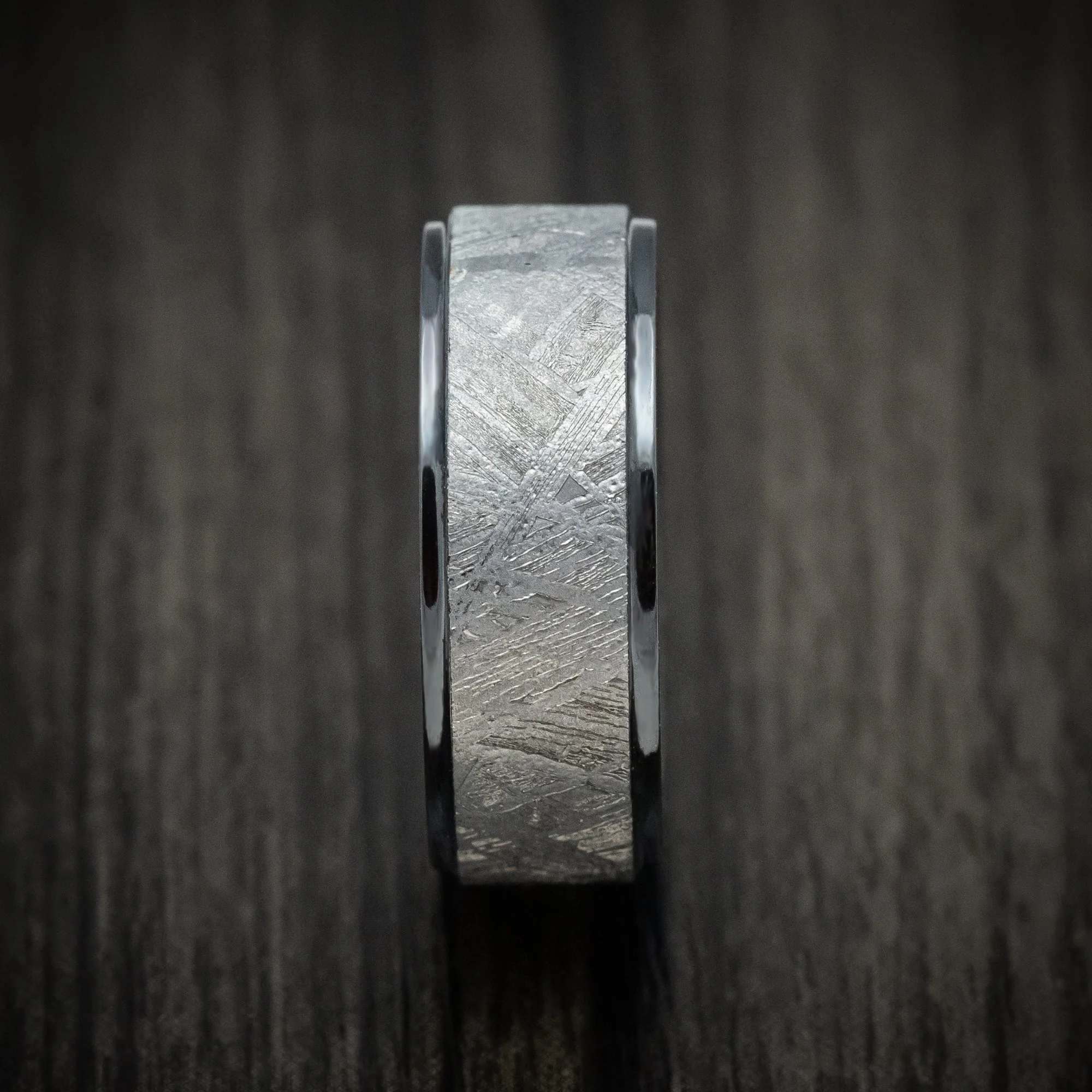 Black Titanium or Black Zirconium Custom Men's Ring with Gibeon Meteorite Inlay and Abalone Sleeve - Image 3