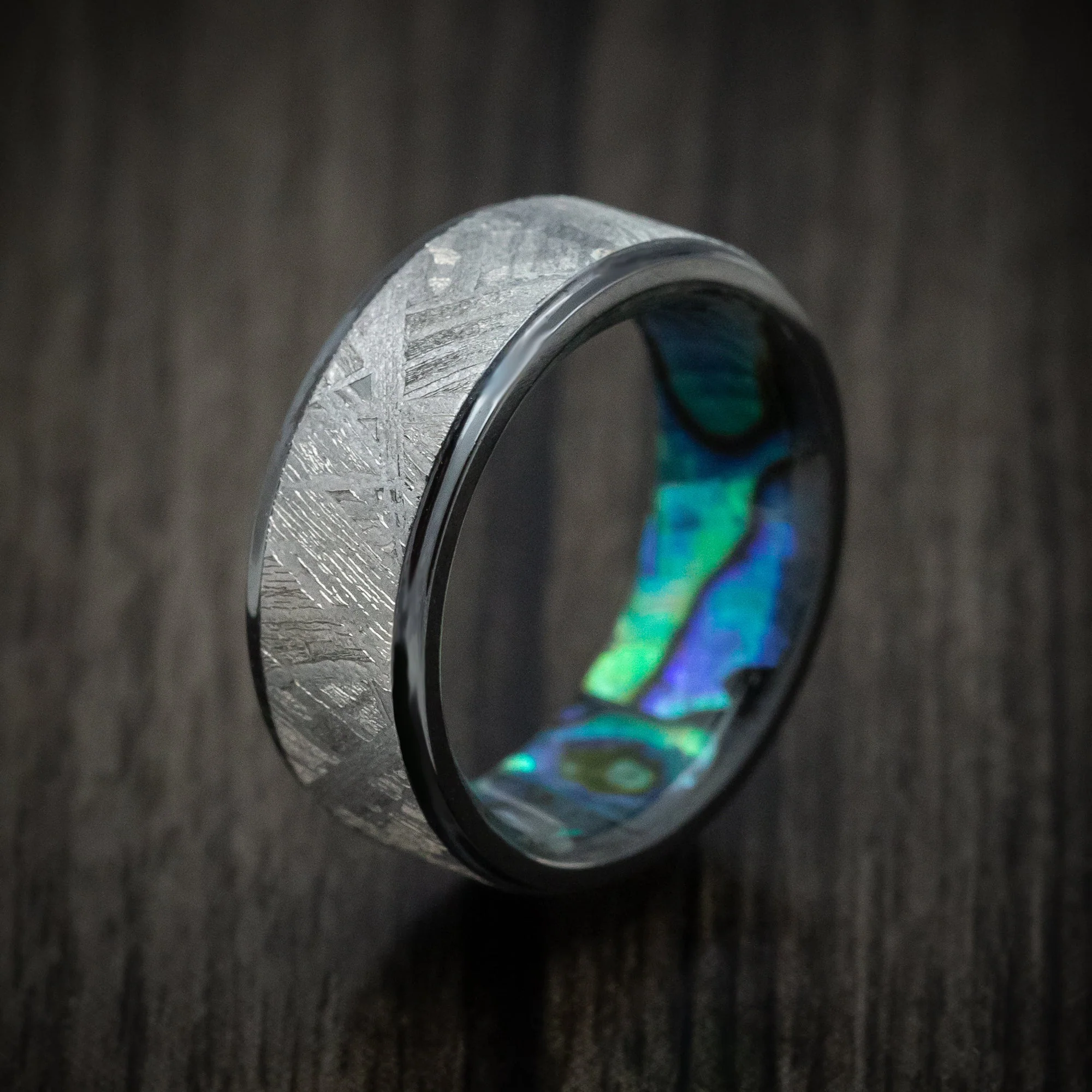 Black Titanium or Black Zirconium Custom Men's Ring with Gibeon Meteorite Inlay and Abalone Sleeve - Image 4