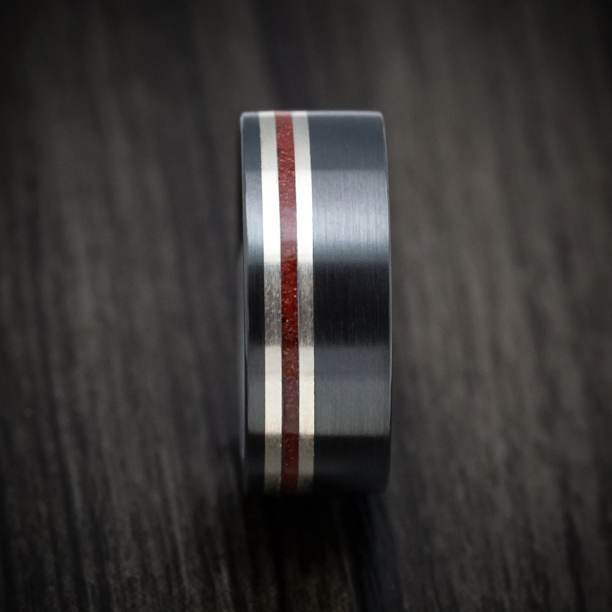 Black Titanium Men's Ring with Silver and Coral Inlays Custom Made Band - Image 3