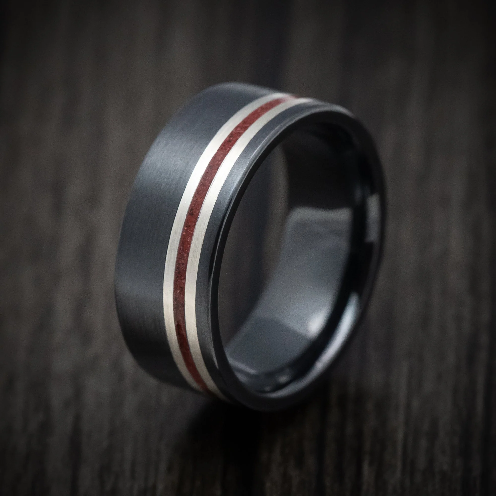 Black Titanium Men's Ring with Silver and Coral Inlays Custom Made Band - Image 4