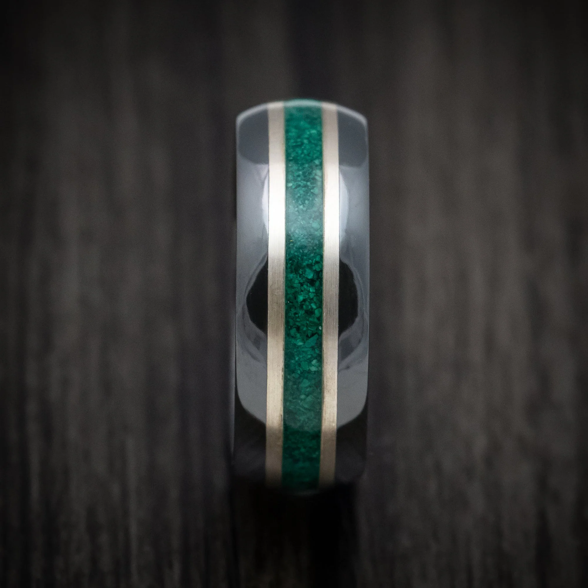 Black Titanium Men's Ring with Silver and Malachite Inlays Custom Made Band - Image 3