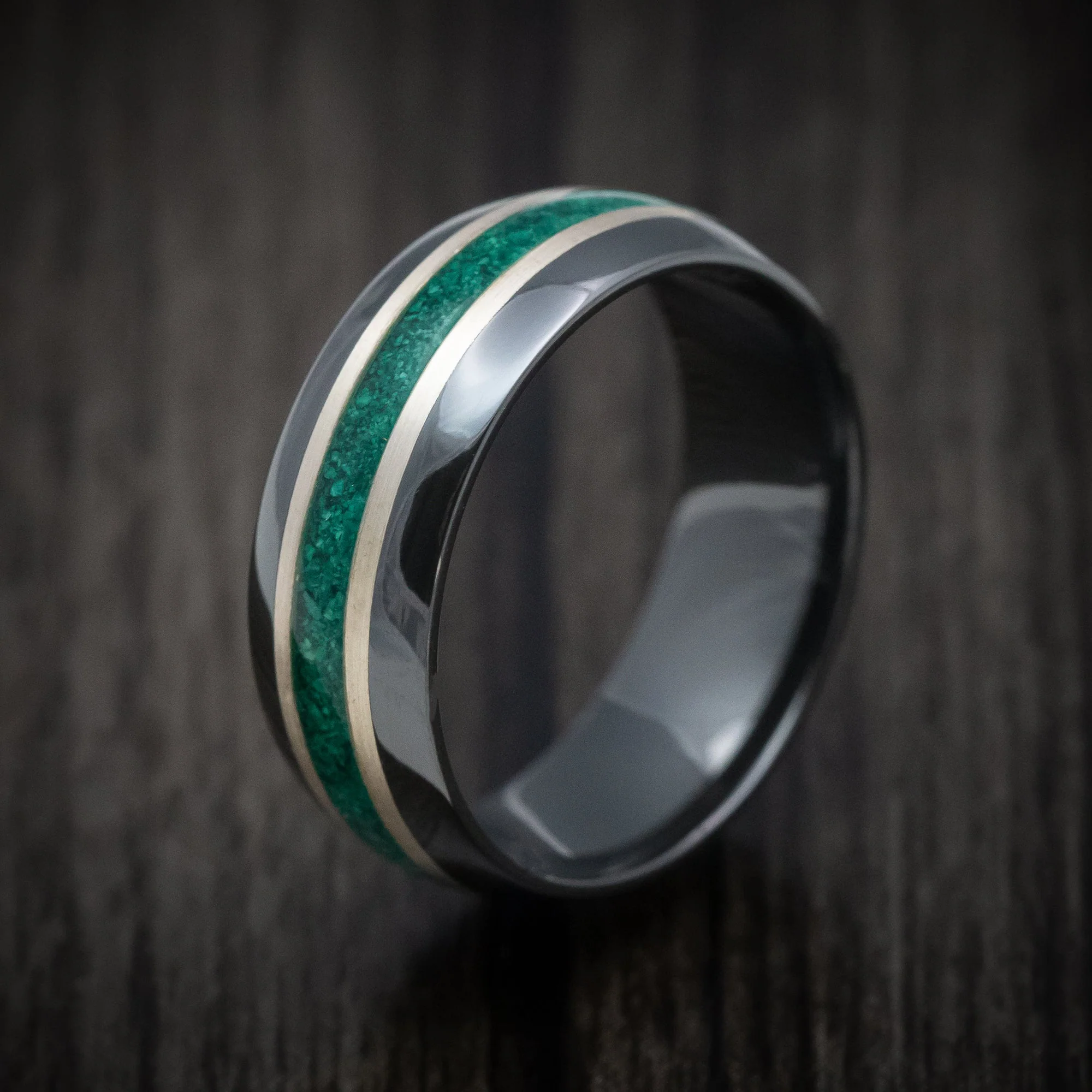 Black Titanium Men's Ring with Silver and Malachite Inlays Custom Made Band - Image 4