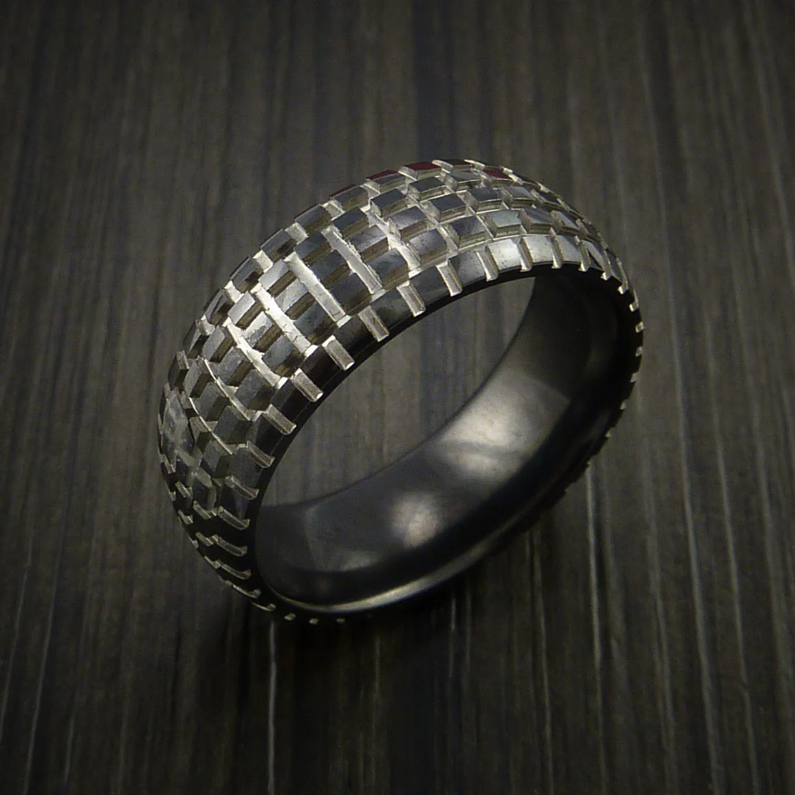 Black Zirconium Carved Tread Design Men's Ring Bold Unique Band Custom Made - Image 3