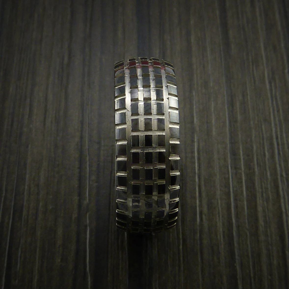 Black Zirconium Carved Tread Design Men's Ring Bold Unique Band Custom Made - Image 4