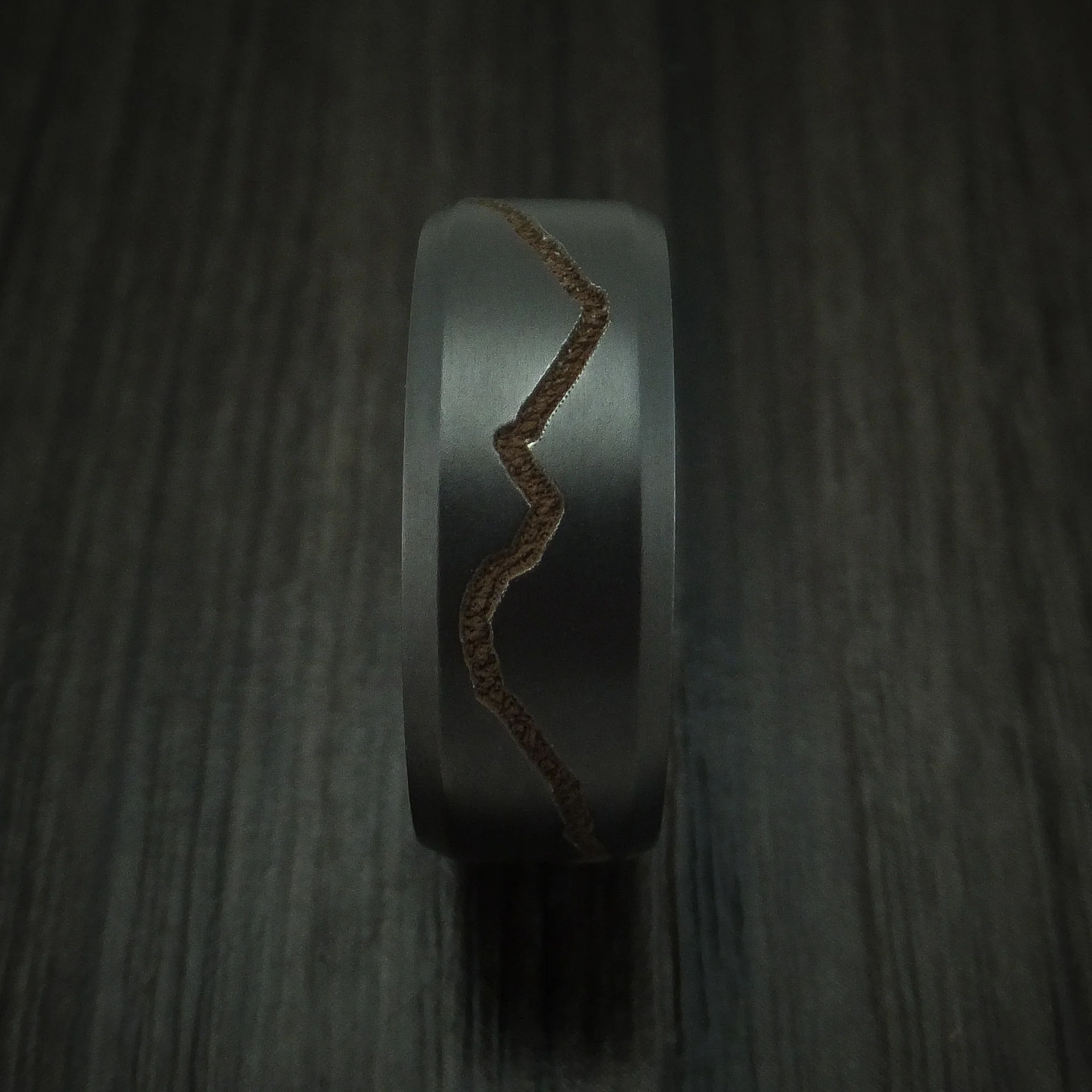 Black Titanium or Black Zirconium Custom Men's Ring with a Milled Mountain Design and Interior Hardwood Sleeve - Image 3