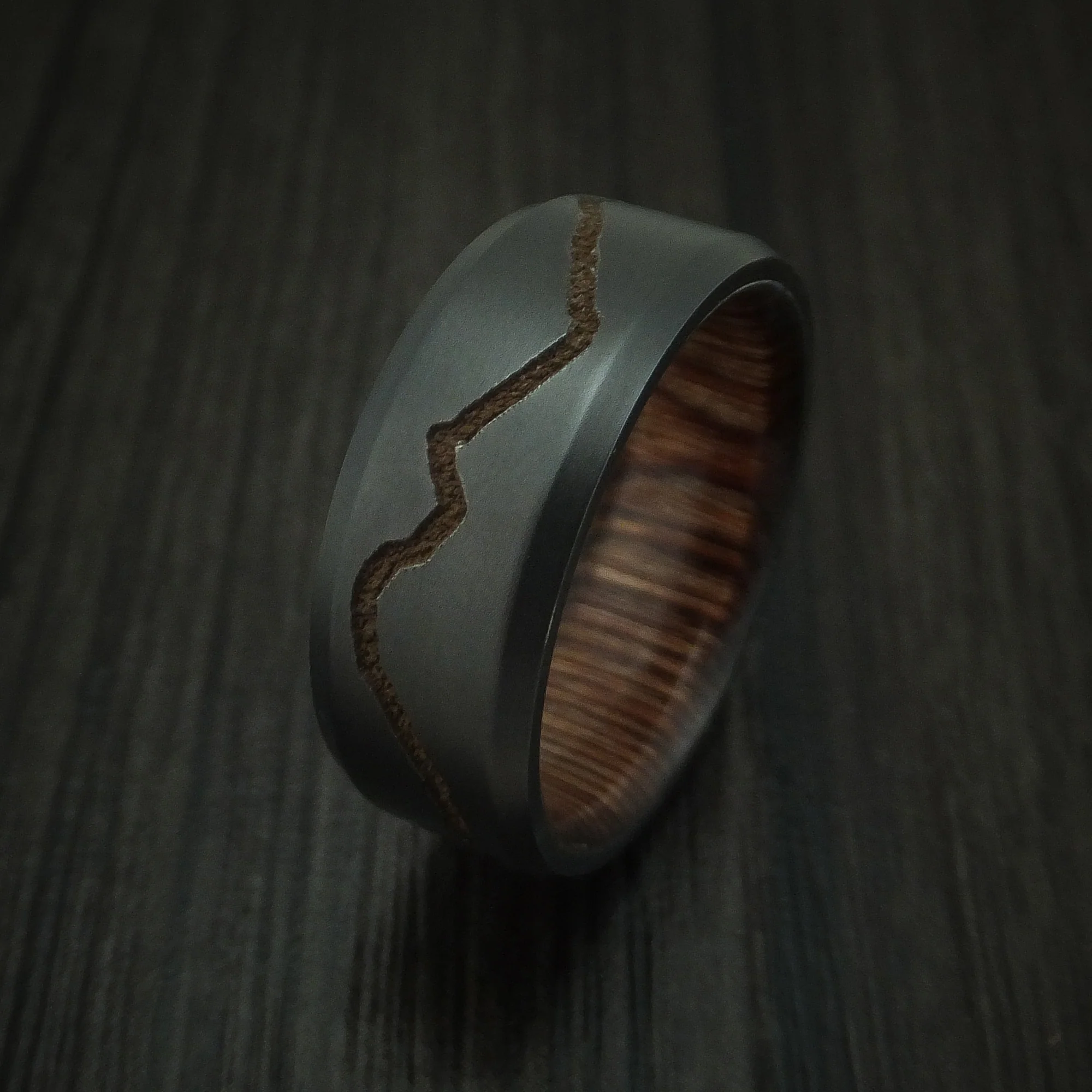 Black Titanium or Black Zirconium Custom Men's Ring with a Milled Mountain Design and Interior Hardwood Sleeve - Image 4