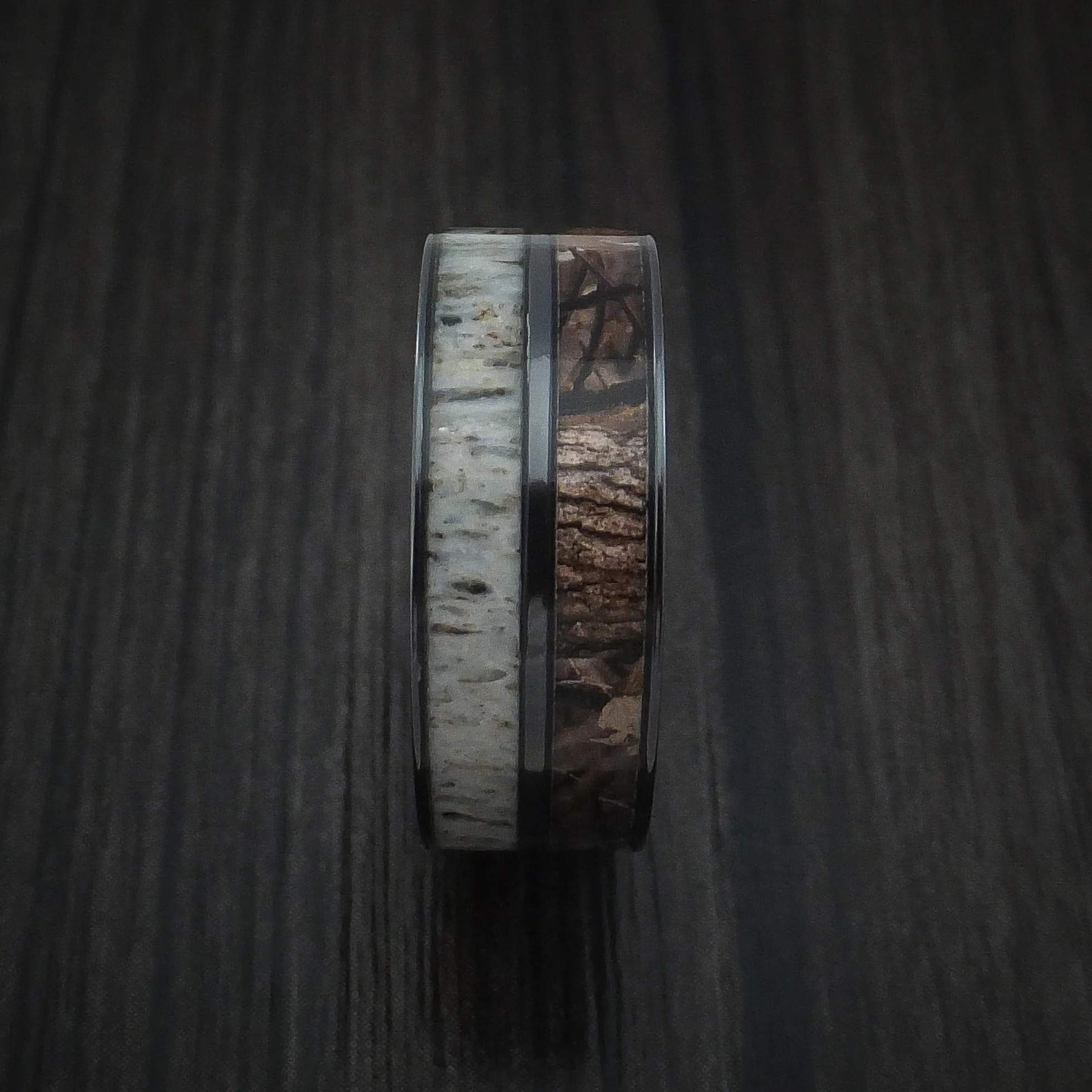 Black Zirconium Men's Ring with Camo and Antler Inlays Custom Made Wedding Band - Image 3