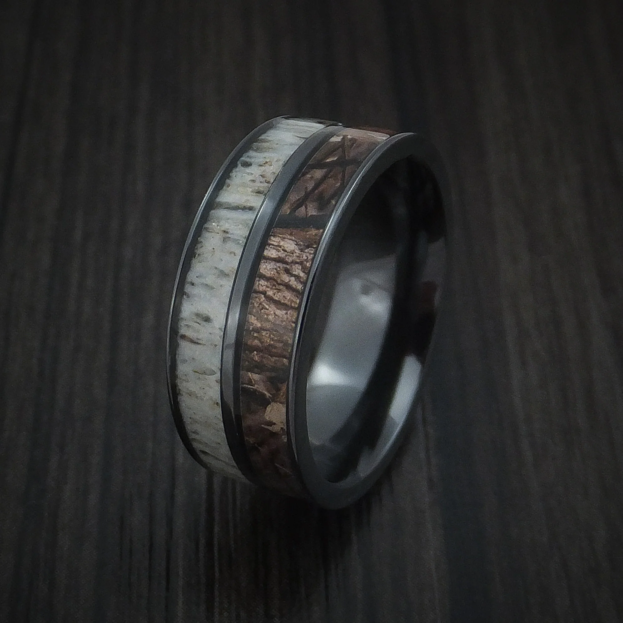Black Zirconium Men's Ring with Camo and Antler Inlays Custom Made Wedding Band - Image 4