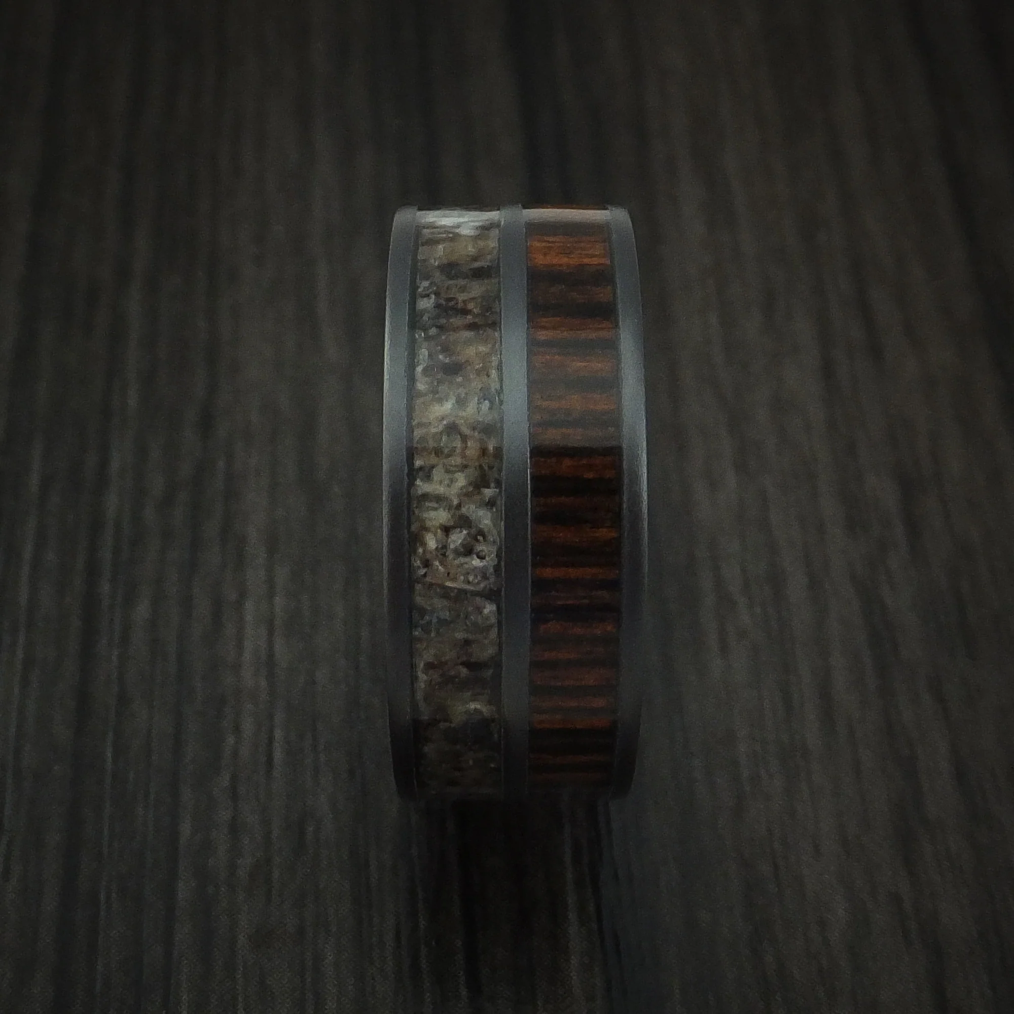Black Zirconium Men's Ring with Zircote Hardwood and Antler Inlays Custom Made Band - Image 3