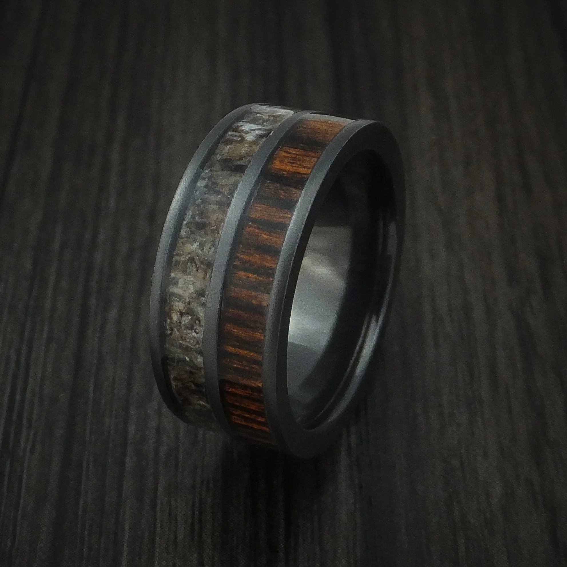 Black Zirconium Men's Ring with Zircote Hardwood and Antler Inlays Custom Made Band - Image 4