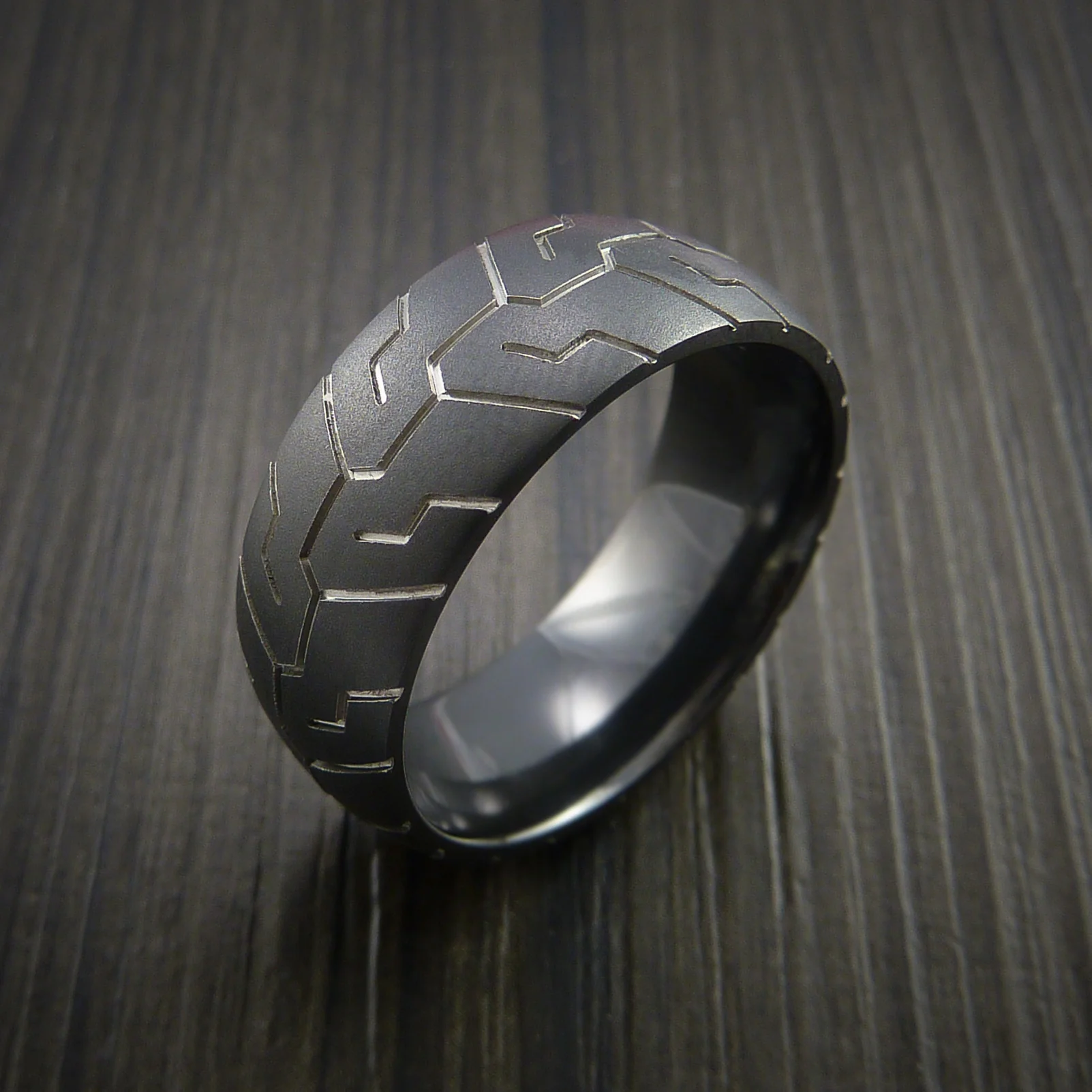 Black Titanium or Black Zirconium Custom Men's Ring with Tire Tread Design - Image 3