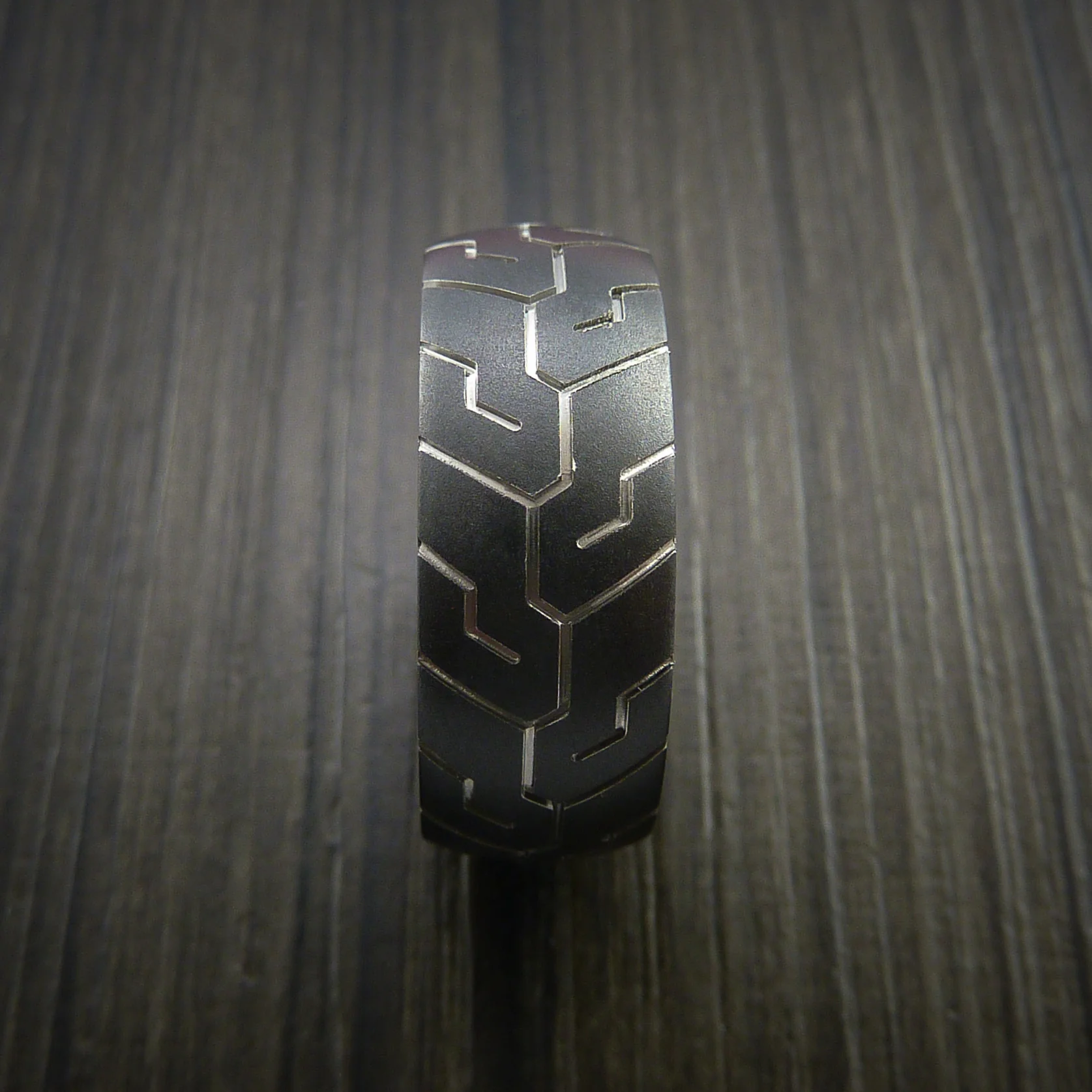 Black Titanium or Black Zirconium Custom Men's Ring with Tire Tread Design - Image 4