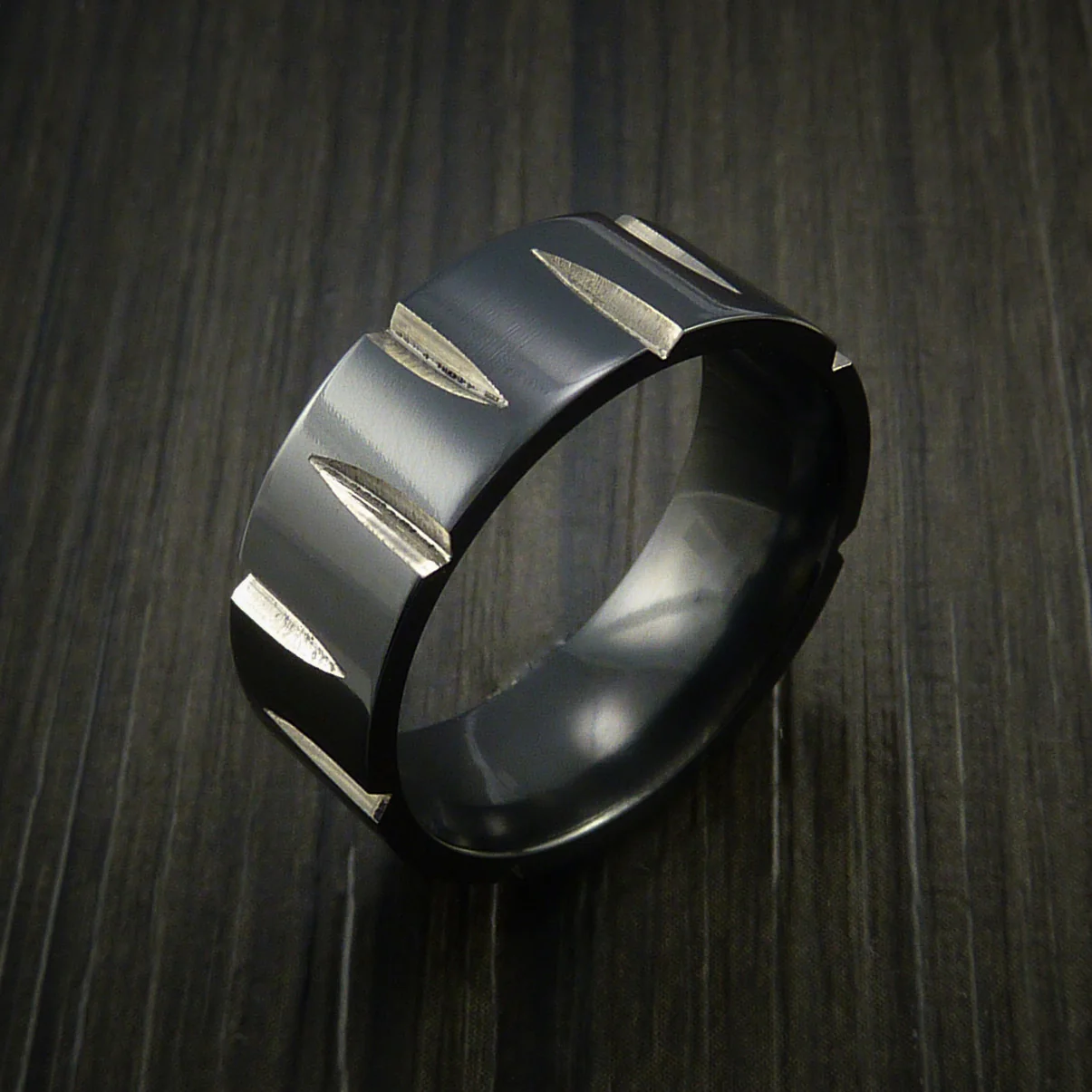 Black Zirconium Wedge Cut Wedding Band Men's Ring - Image 4
